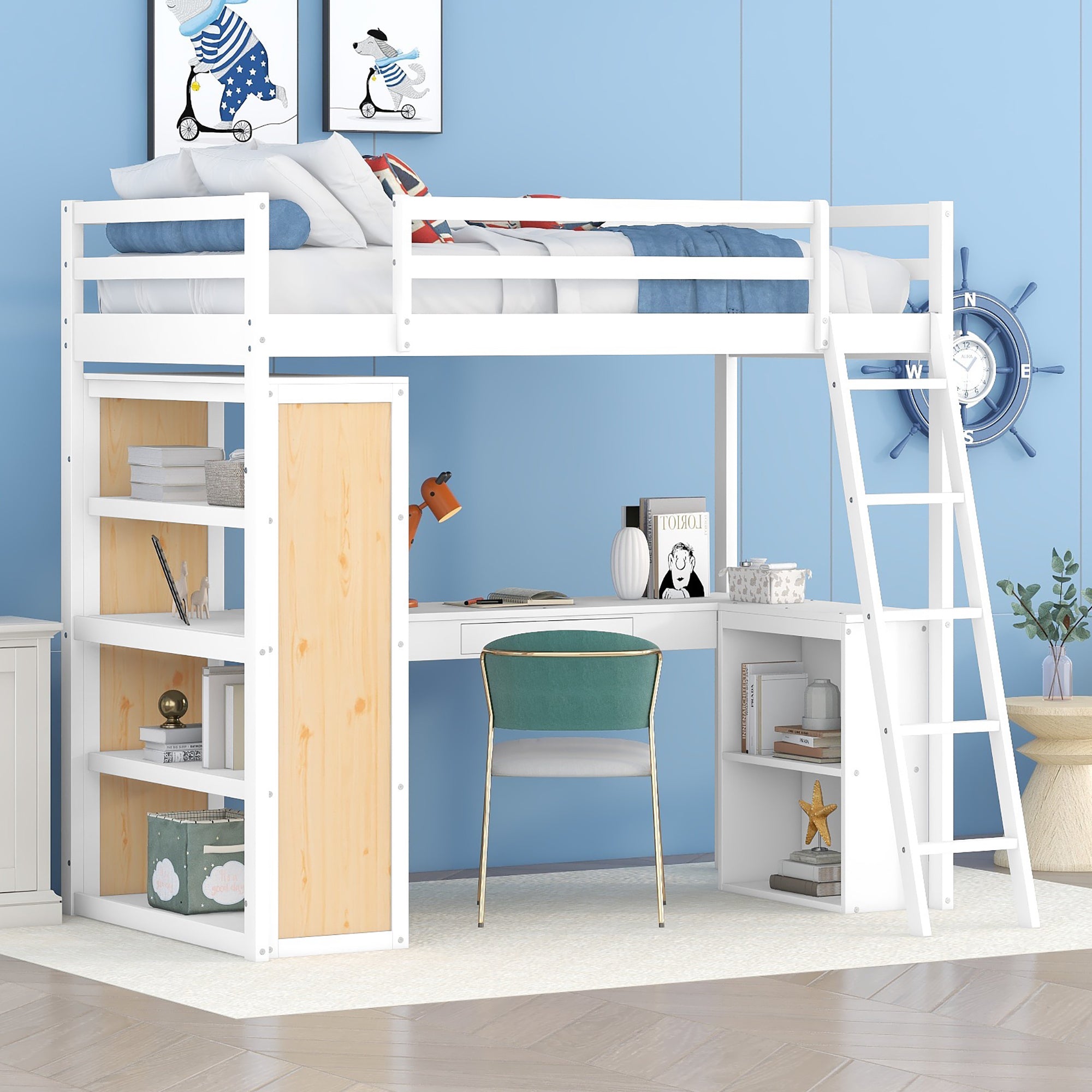 Twin Size Loft Bed with Ladder, Shelves, and Desk, White(OLD SKU:LT000225AAK)