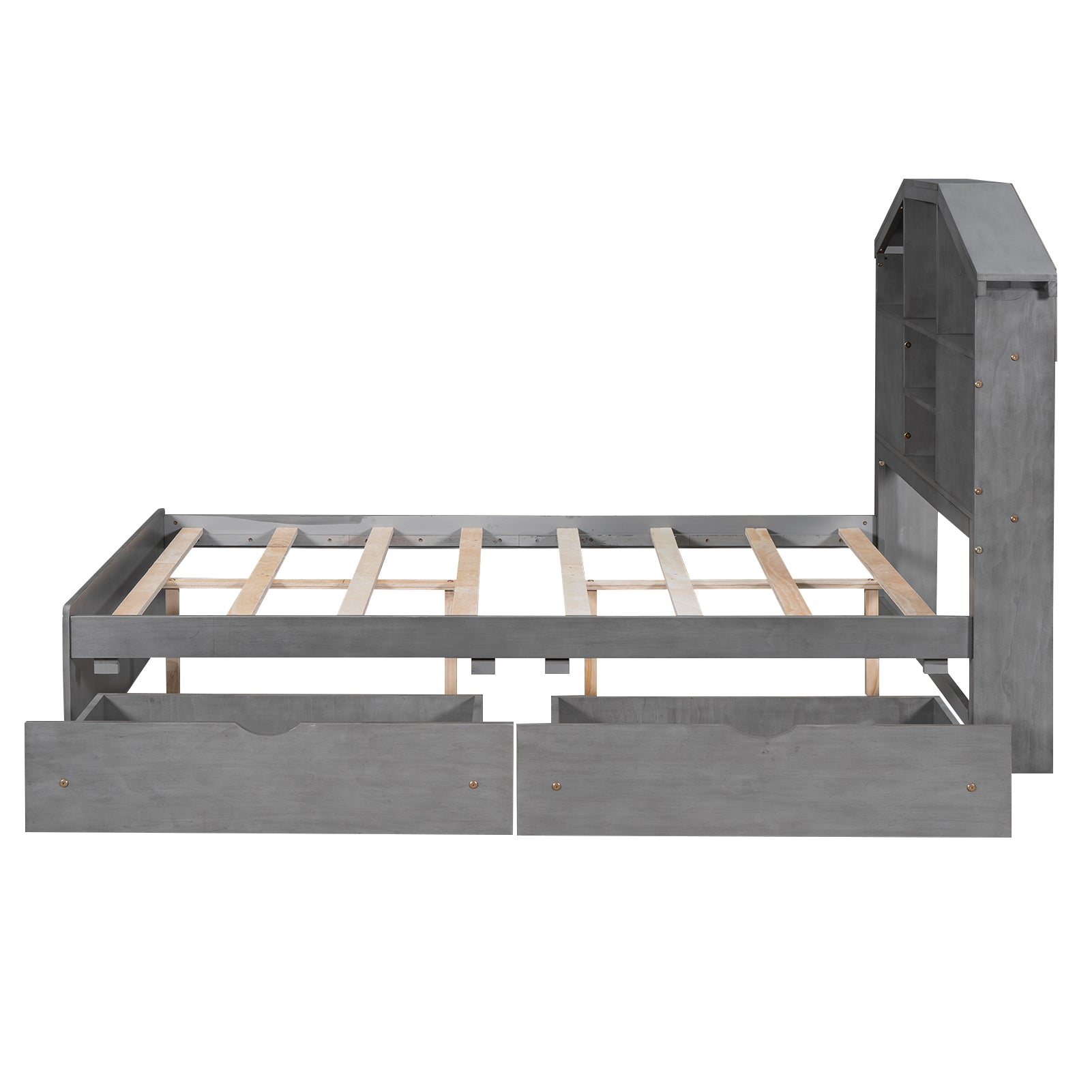 Full Size Wood Platform Bed with House-shaped Storage Headboard and 2 Drawers, Gray - Atlantic Fine Furniture Melbourne FL