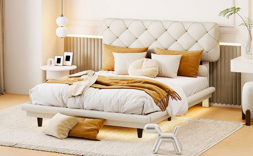 Full Size Upholstered Bed with Light Stripe, Floating Platform Bed, Linen Fabric,Beige - Atlantic Fine Furniture Melbourne FL