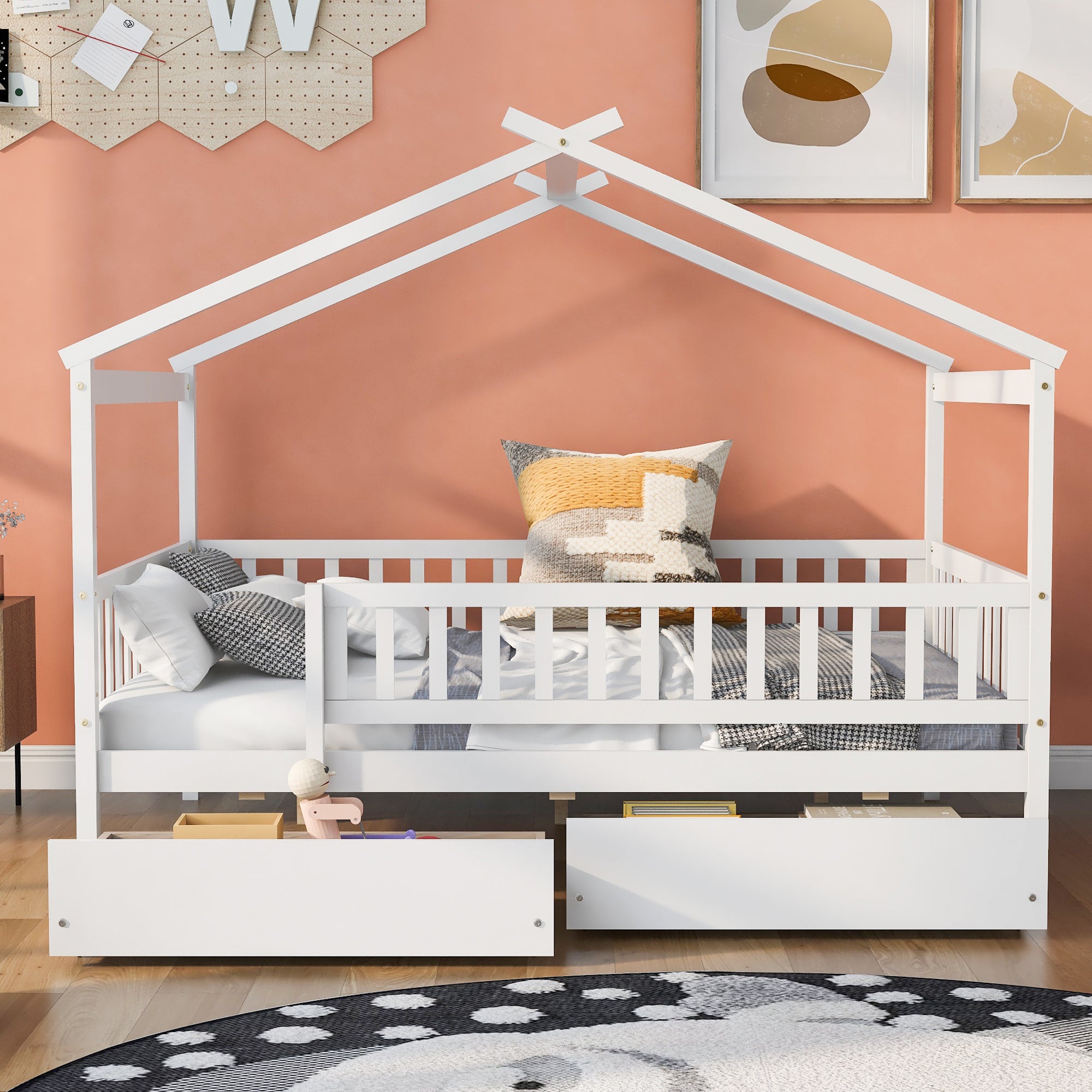 Full Size Wooden House Bed with Two Drawers, White - Atlantic Fine Furniture Melbourne FL