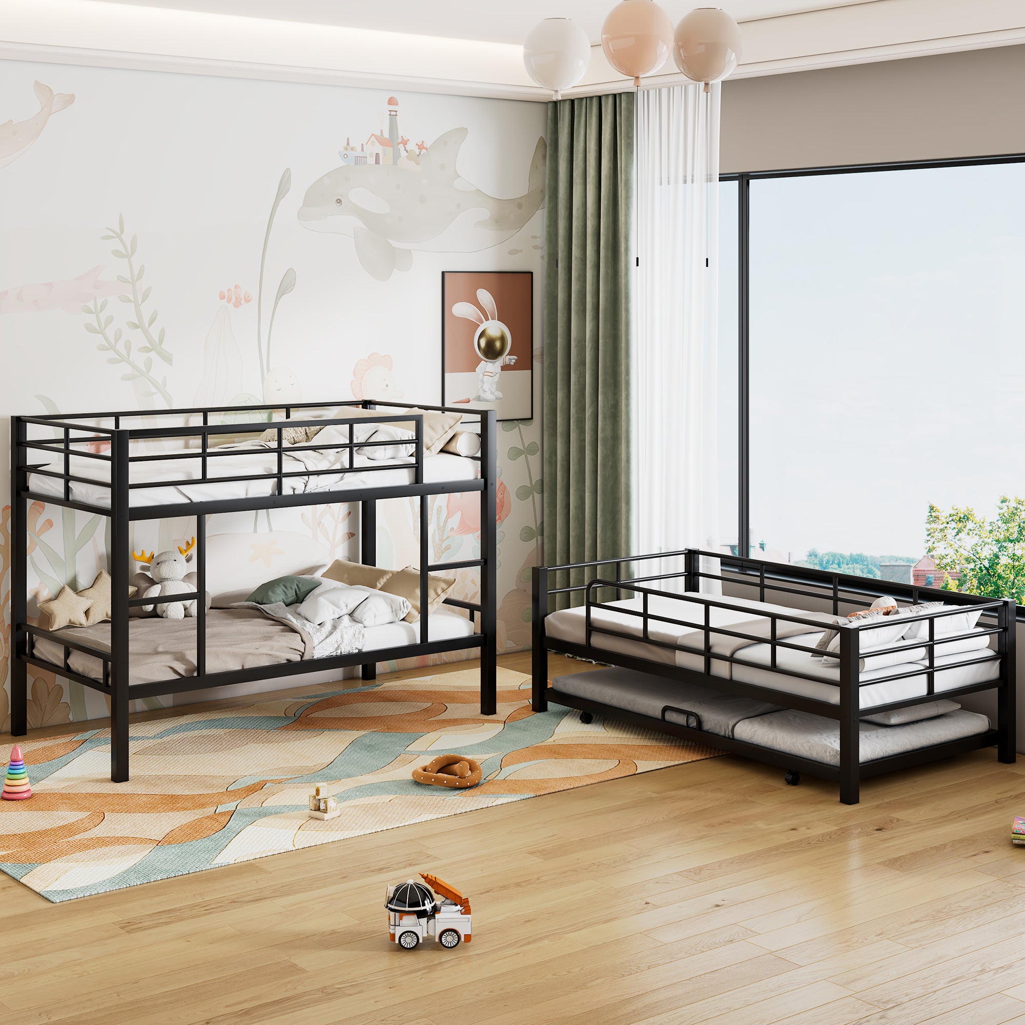 Metal Twin Size Triple Bunk Bed With Trundle, Black