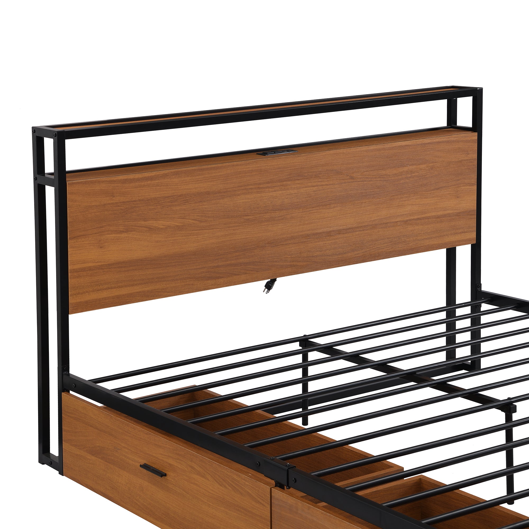 Queen Size Metal Platform Bed Frame with Two Drawers,Sockets and USB Ports ,Slat Support No Box Spring Needed Black - Atlantic Fine Furniture Melbourne FL