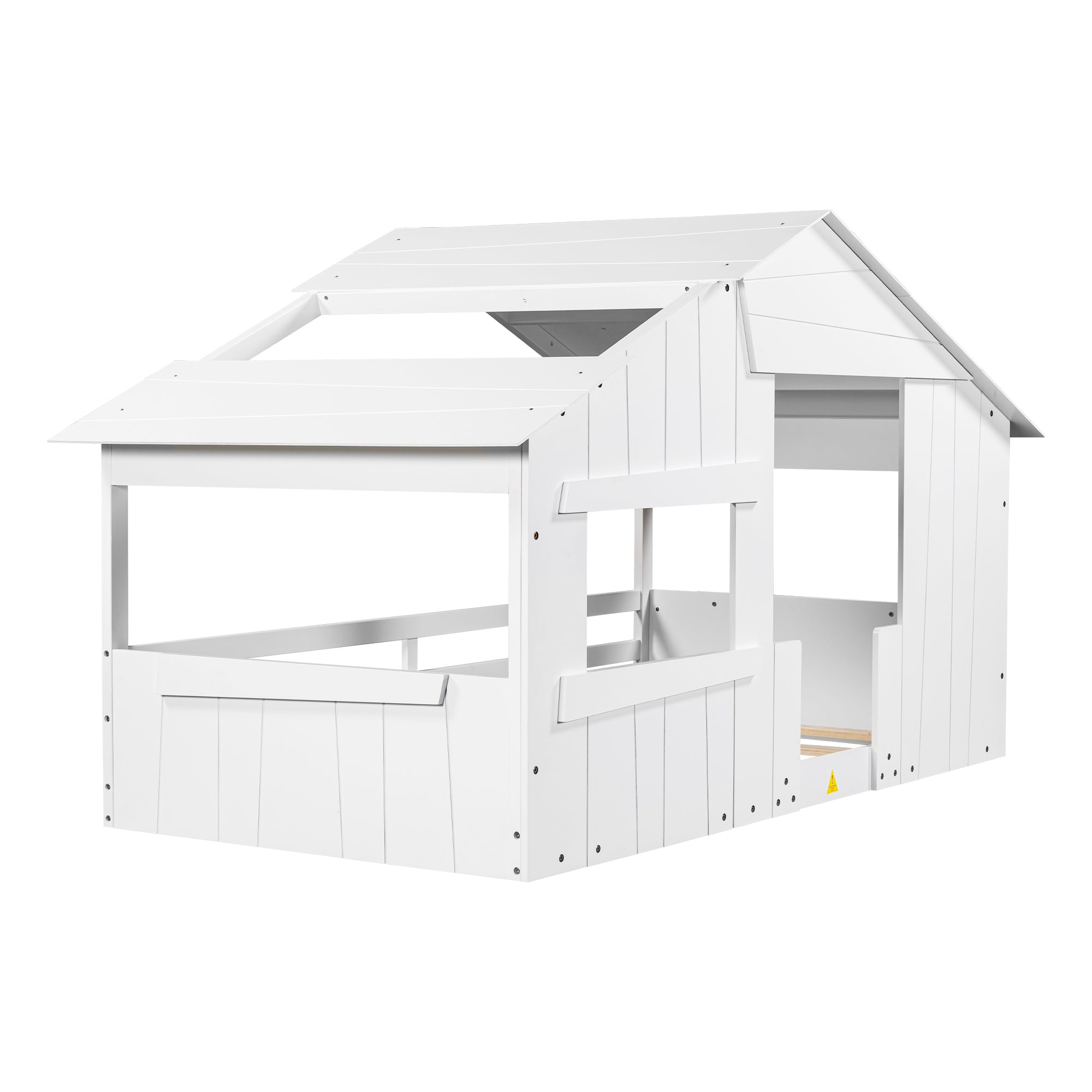 Wood Twin Size House Bed with Roof, Window and Guardrail, White - Atlantic Fine Furniture Melbourne FL