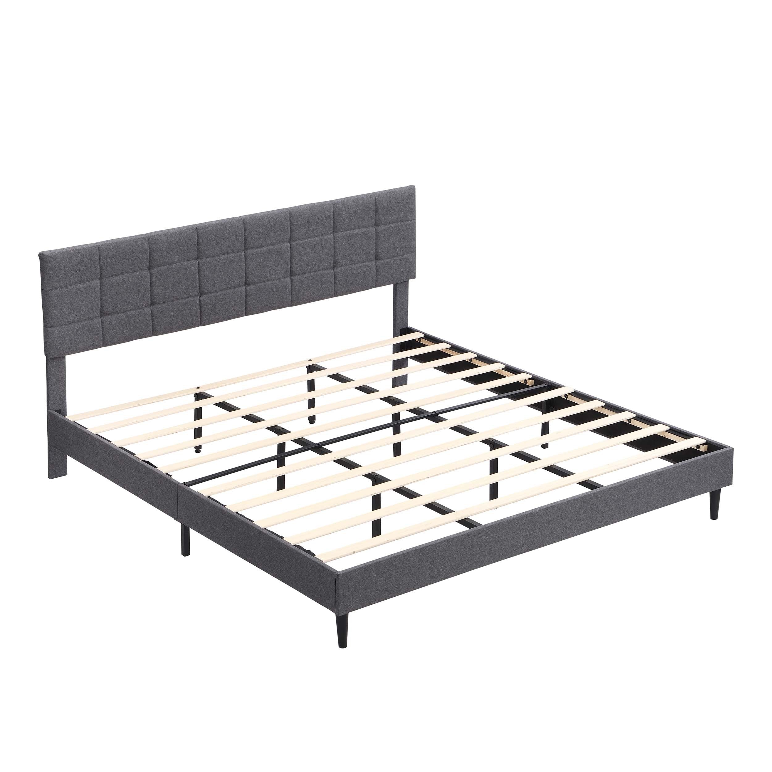 King Size Platform Bed Frame with Fabric Upholstered Headboard and Wooden Slats, No Box Spring Needed/Easy Assembly, Dark Grey - Atlantic Fine Furniture Melbourne FL