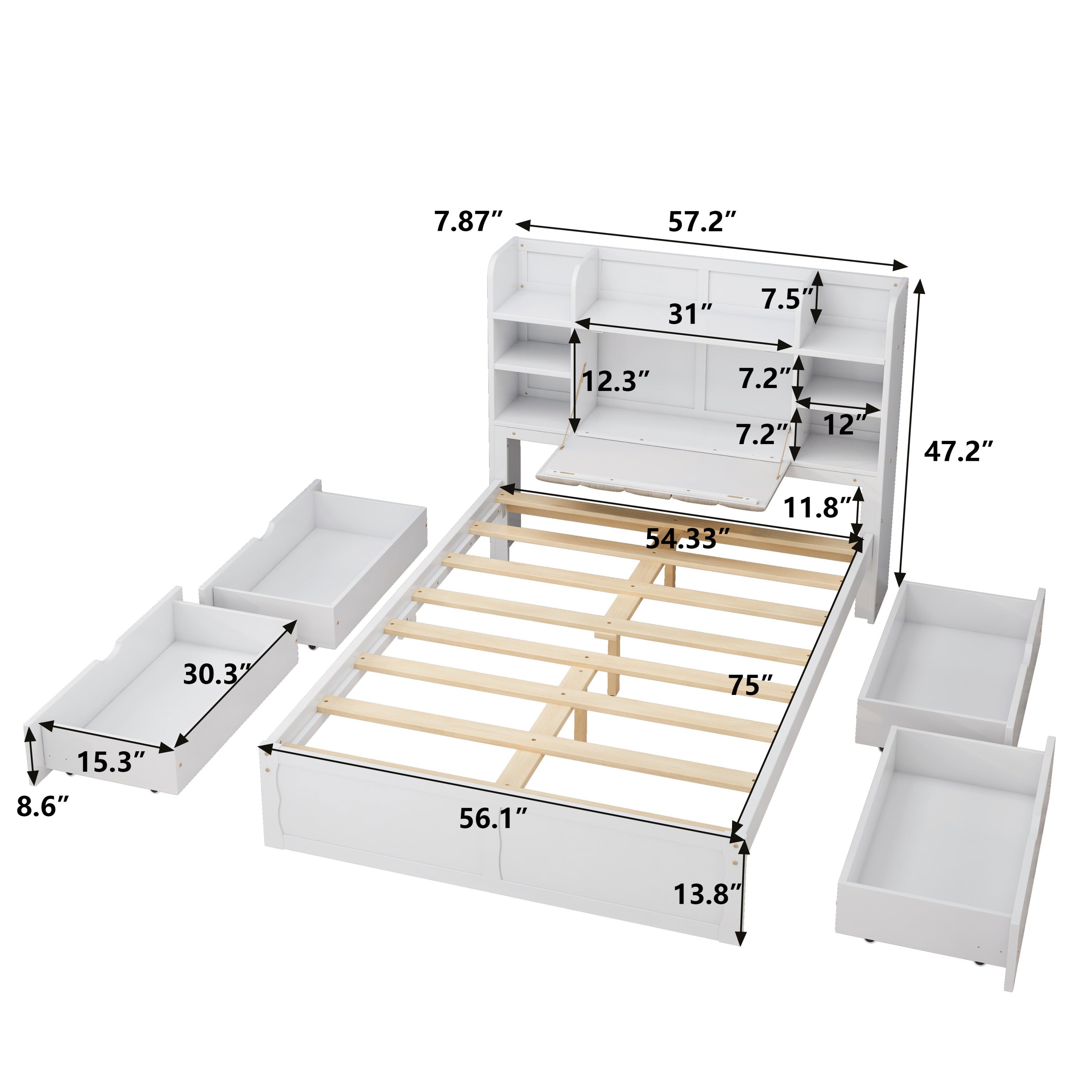 Multi-functional Full Size Bed Frame with 4 Under-bed Portable Storage Drawers and Multi-tier Bedside Storage Shelves, White
