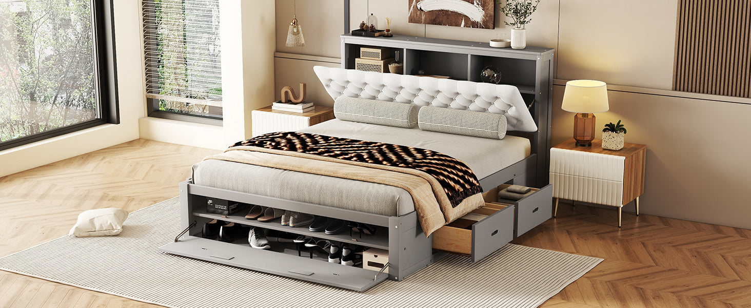 Wood Queen Size Platform Bed with Storage Headboard, shoe rack and 4 drawers,Gray - Atlantic Fine Furniture Melbourne FL