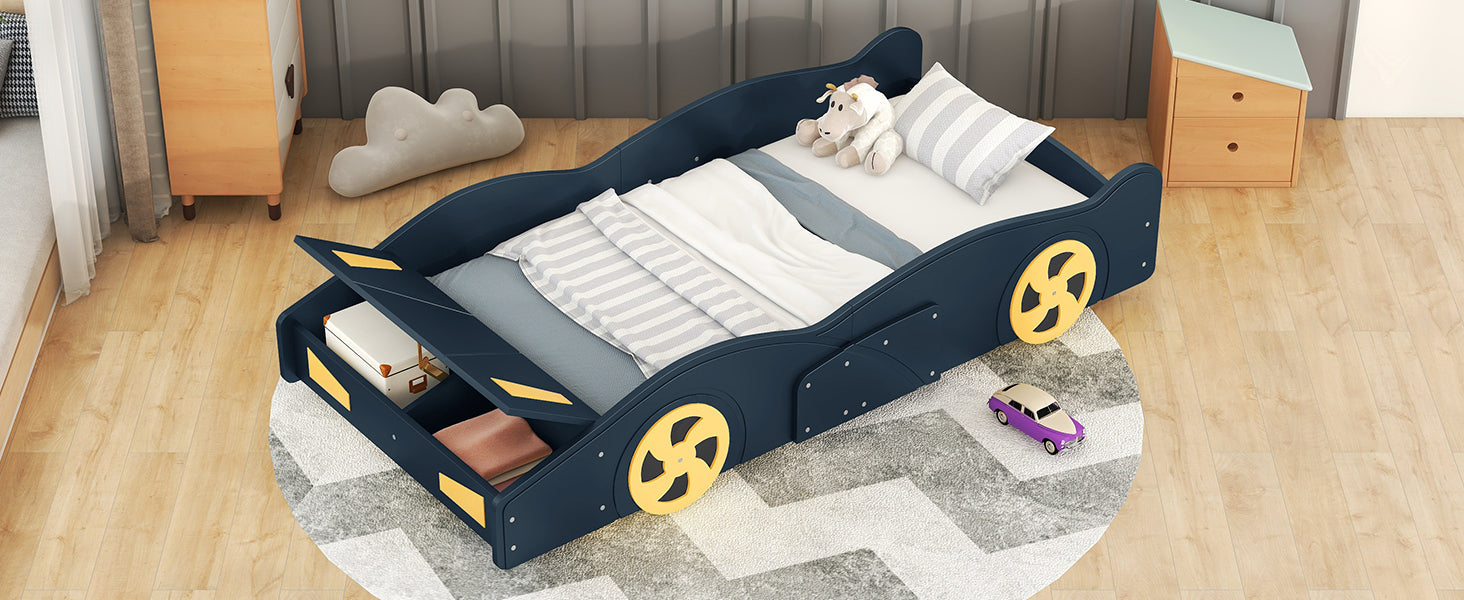 Twin Size Race Car-Shaped Platform Bed with Wheels and Storage, Dark Blue+Yellow