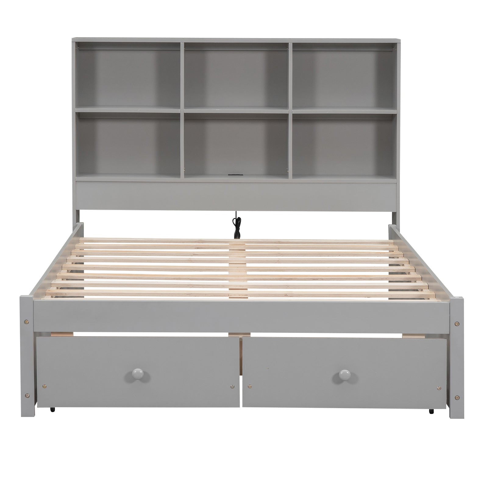 Full Size Platform Bed with Storage Headboard, Charging Station and 2 Drawers, Gray - Atlantic Fine Furniture Melbourne FL
