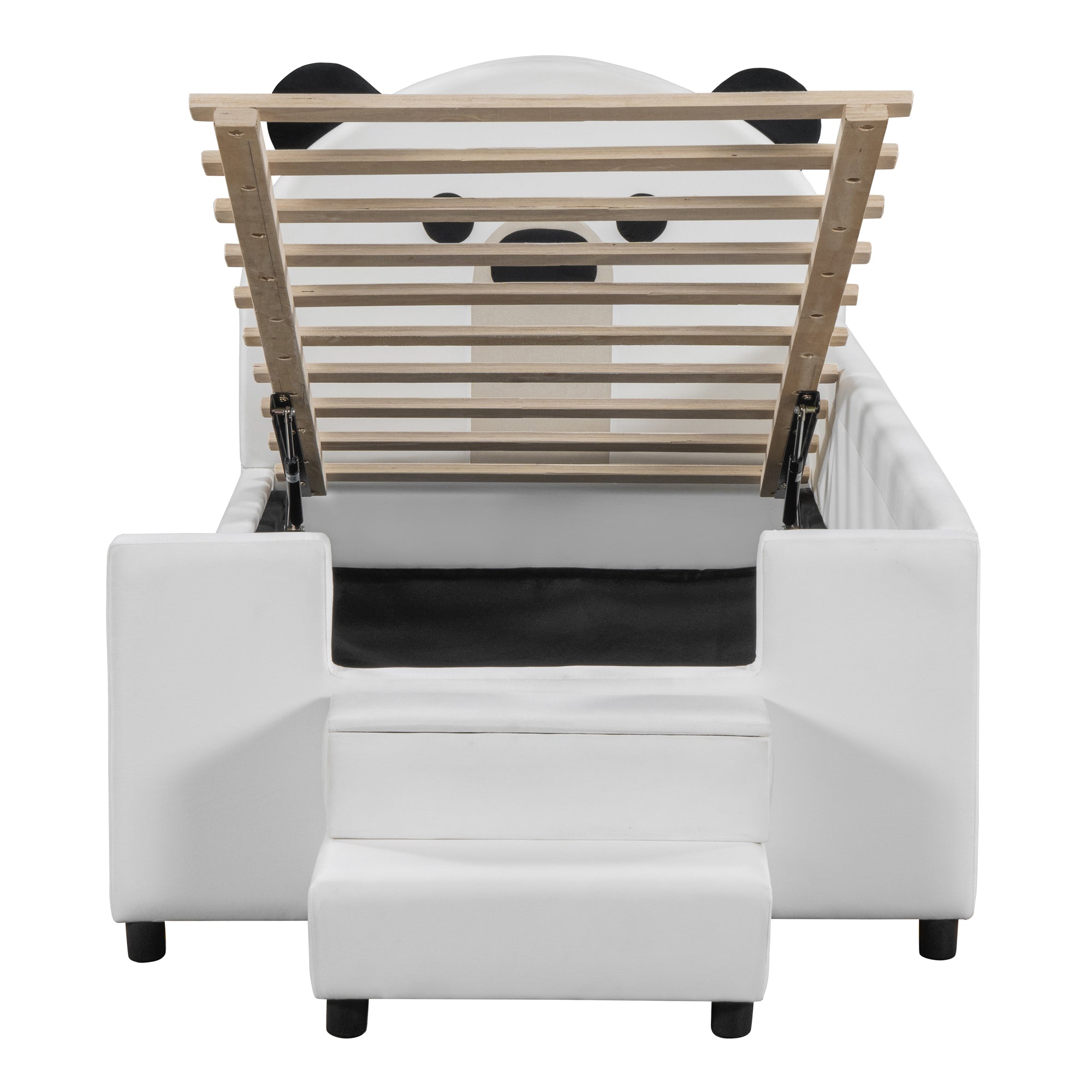 Twin Size Upholstered Daybed with Bear Shaped Headboard, Hydraulic System and Breathable Mesh Fence, White - Atlantic Fine Furniture Melbourne FL