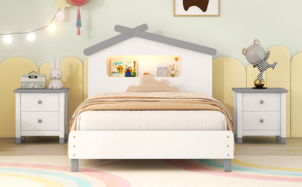 Twin Size Wood Platform Bed with House-shaped Headboard and Motion Activated Night Lights (White+Gray)