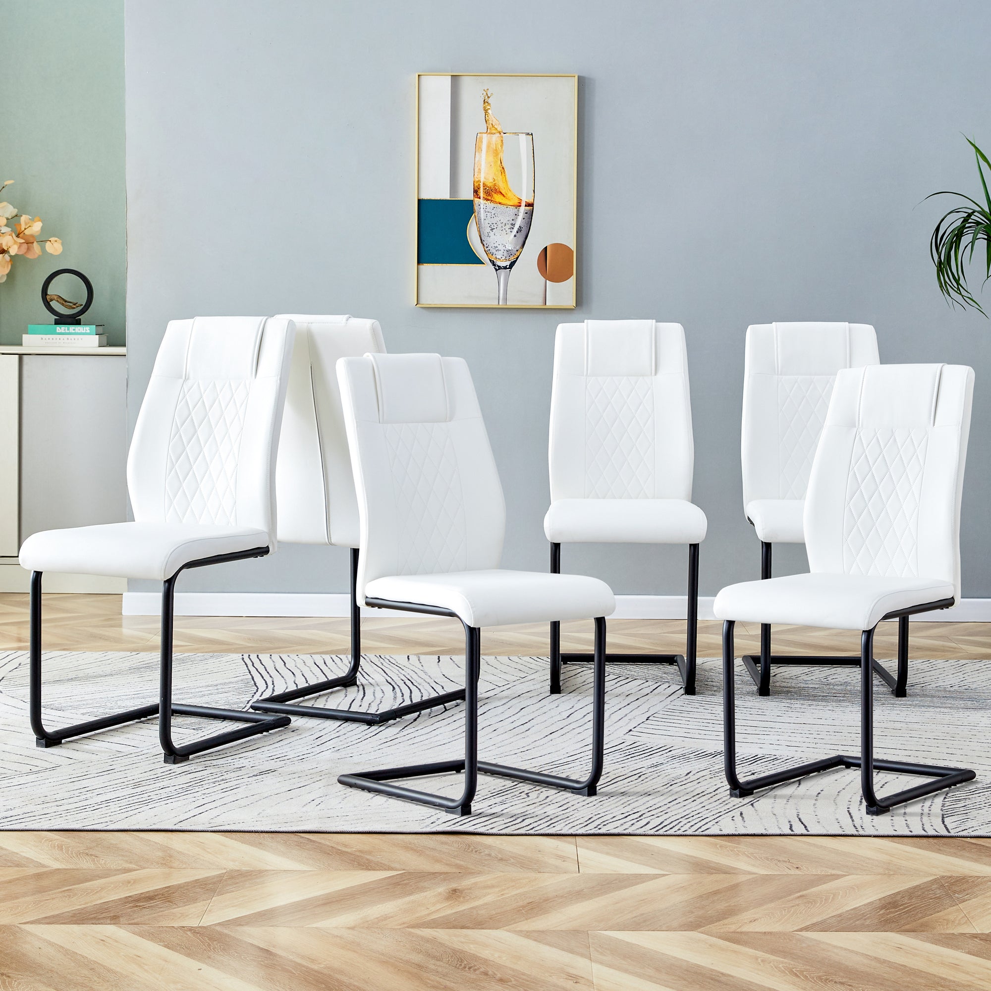 Modern dining chairs with faux leather upholstered seats - dining room chairs with metal legs, suitable for kitchen, living room, bedroom, dining room side chairs, set of 6 pieces (white+PU leather)