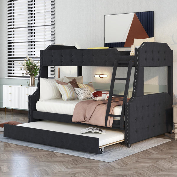 Twin Over Full Upholstered Bunk Bed With Trundle And Ladder, Tufted-Button Design - Black