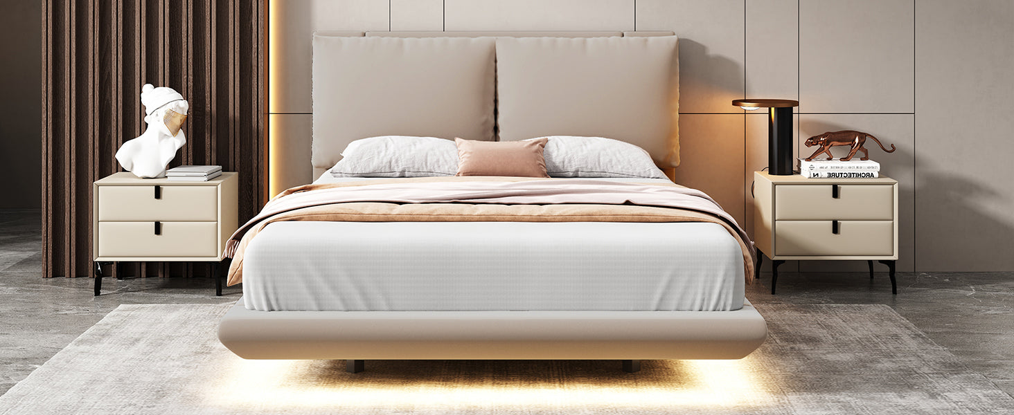 Full Size Upholstered Platform Bed with Sensor Light and 2 Large Backrests, Stylish Platform Bed with 2 sets of USB Port and Socket on each rear Bed Leg, Beige - Atlantic Fine Furniture Melbourne FL