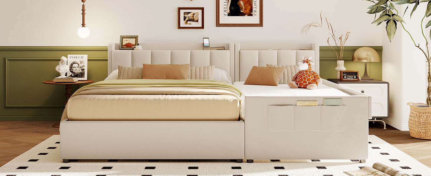 Queen Size & Twin XL Size Upholstered Platform Bed, Mother & Child Bed with Hydraulic Storage System, Drawer Box, Bedhead storage shelf and Two pairs of sockets & USB Ports, PU Leather, Beige