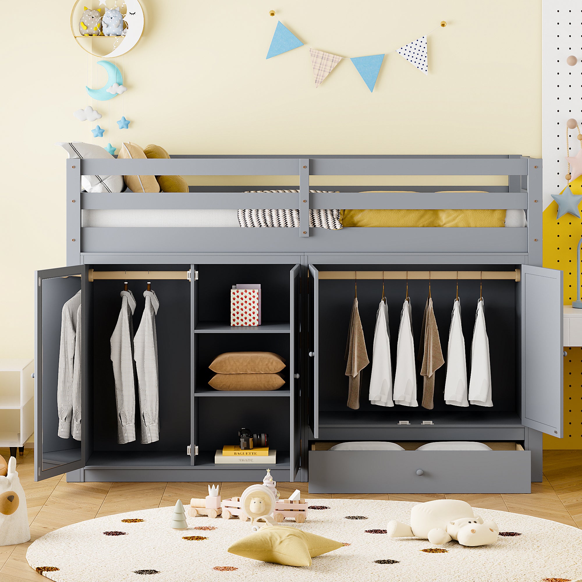 Twin size Loft Bed with Drawer, Two Wardrobes and Mirror, Gray - Atlantic Fine Furniture Melbourne FL