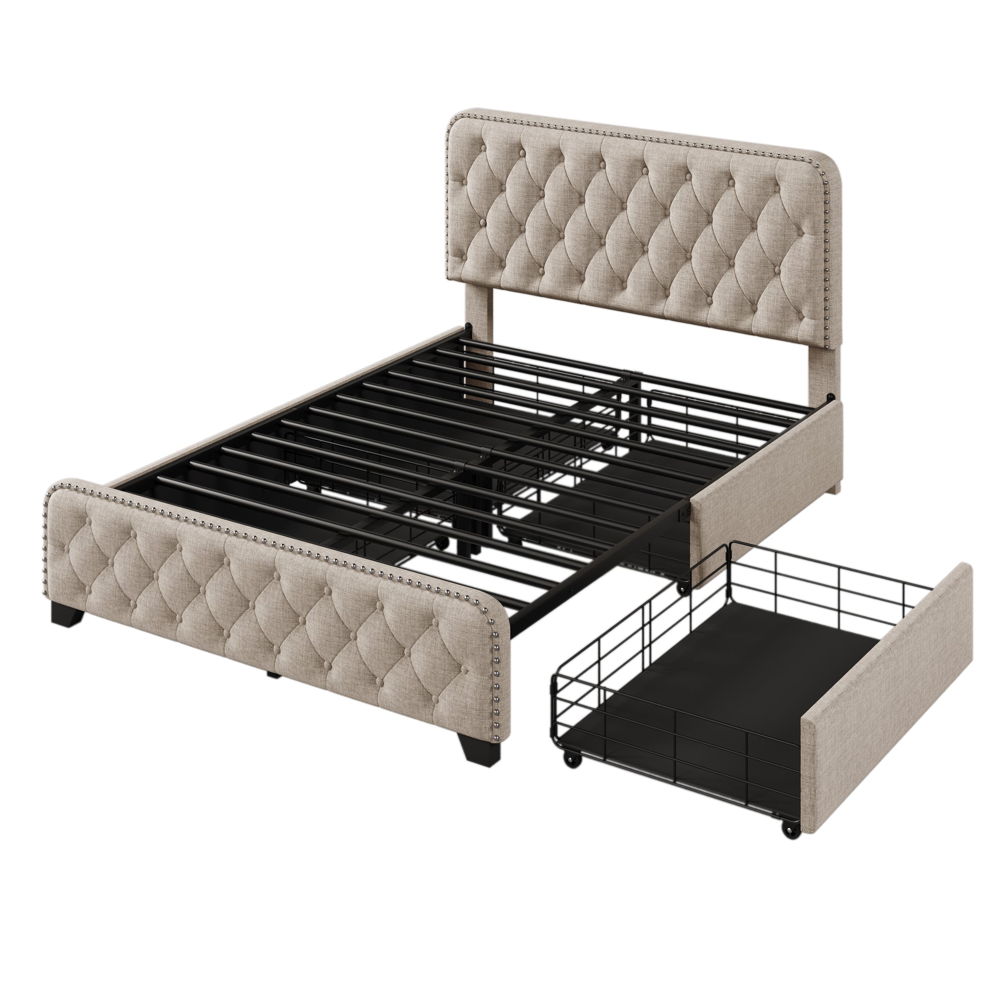 Upholstered Platform Bed Frame with Four Drawers, Button Tufted Headboard and Footboard Sturdy Metal Support, No Box Spring Required, Beige, Full (Old sku:BS300281AAA) - Atlantic Fine Furniture Melbourne FL