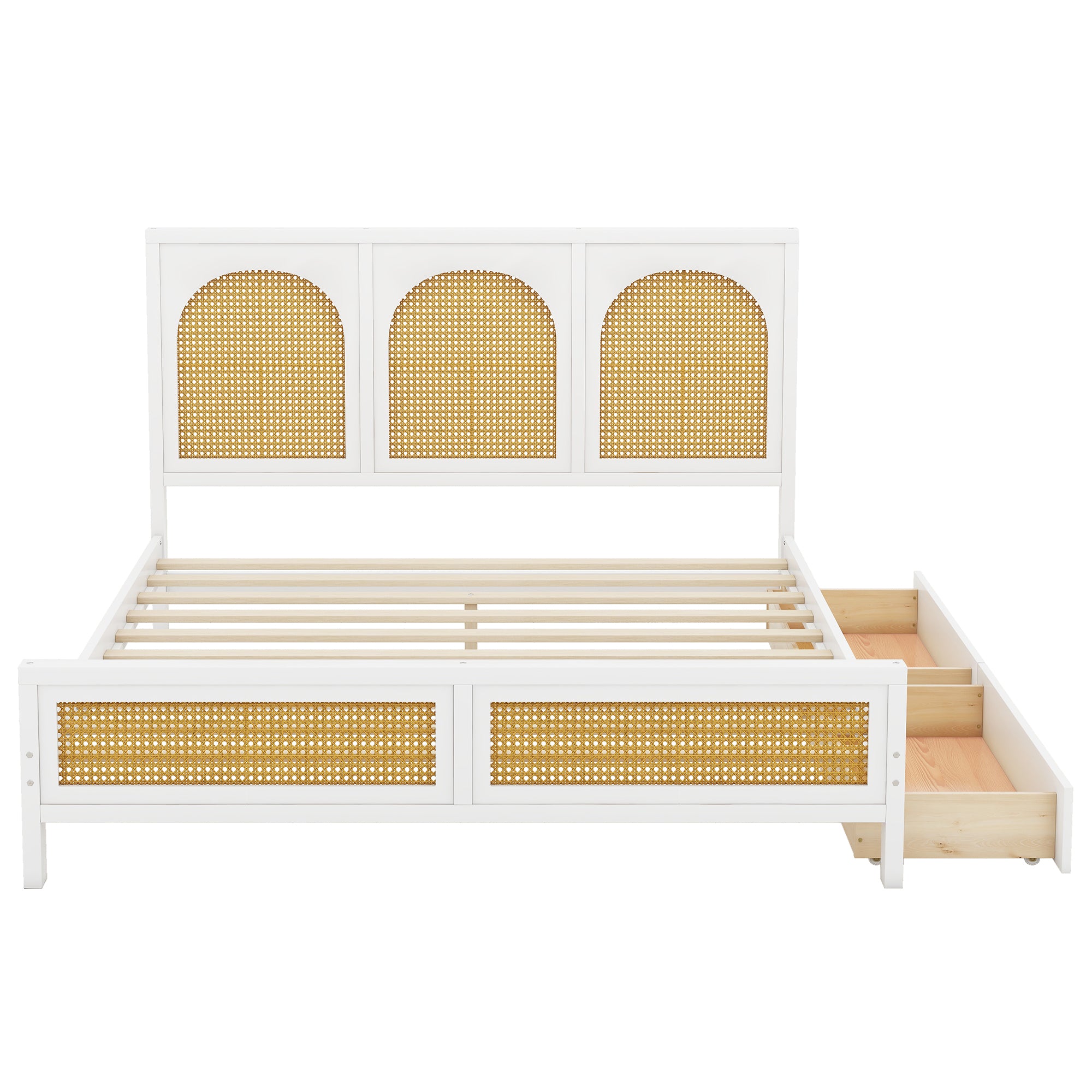 Queen Size Wood Storage Platform Bed with 2 Drawers, Rattan Headboard and Footboard, White - Atlantic Fine Furniture Melbourne FL