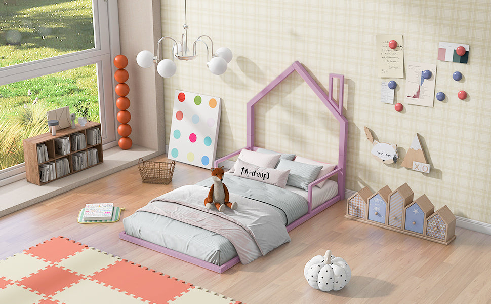 Twin Size Metal Floor Bed with House-shaped Headboard, Pink - Atlantic Fine Furniture Melbourne FL