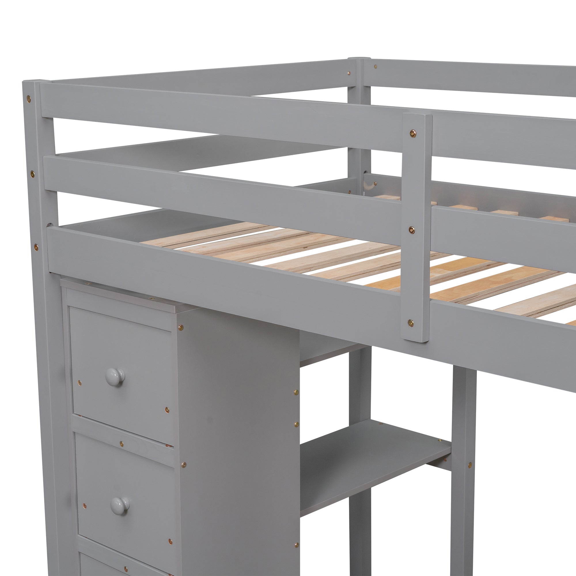 Twin size Loft Bed with Storage Drawers ,Desk and Stairs, Wooden Loft Bed with Shelves - Gray - Atlantic Fine Furniture Melbourne FL