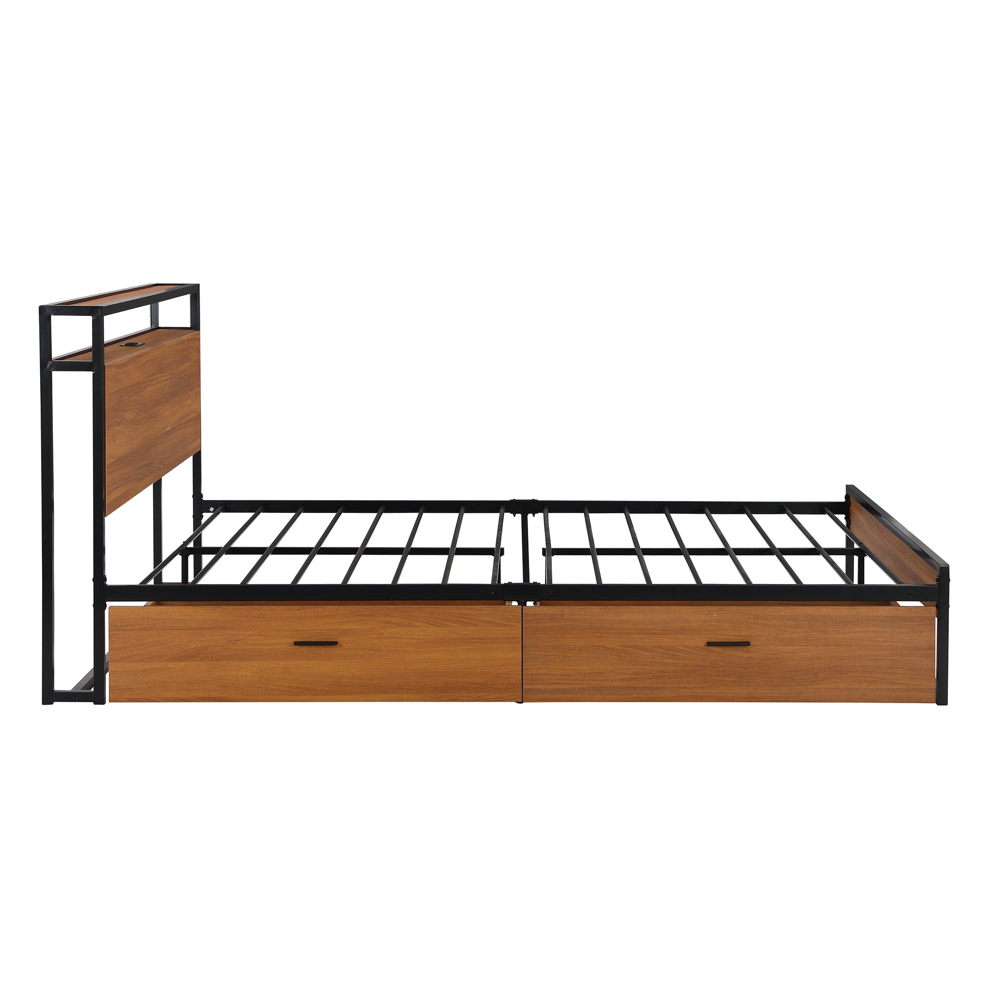 Queen Size Metal Platform Bed Frame with Two Drawers,Sockets and USB Ports ,Slat Support No Box Spring Needed Black - Atlantic Fine Furniture Melbourne FL