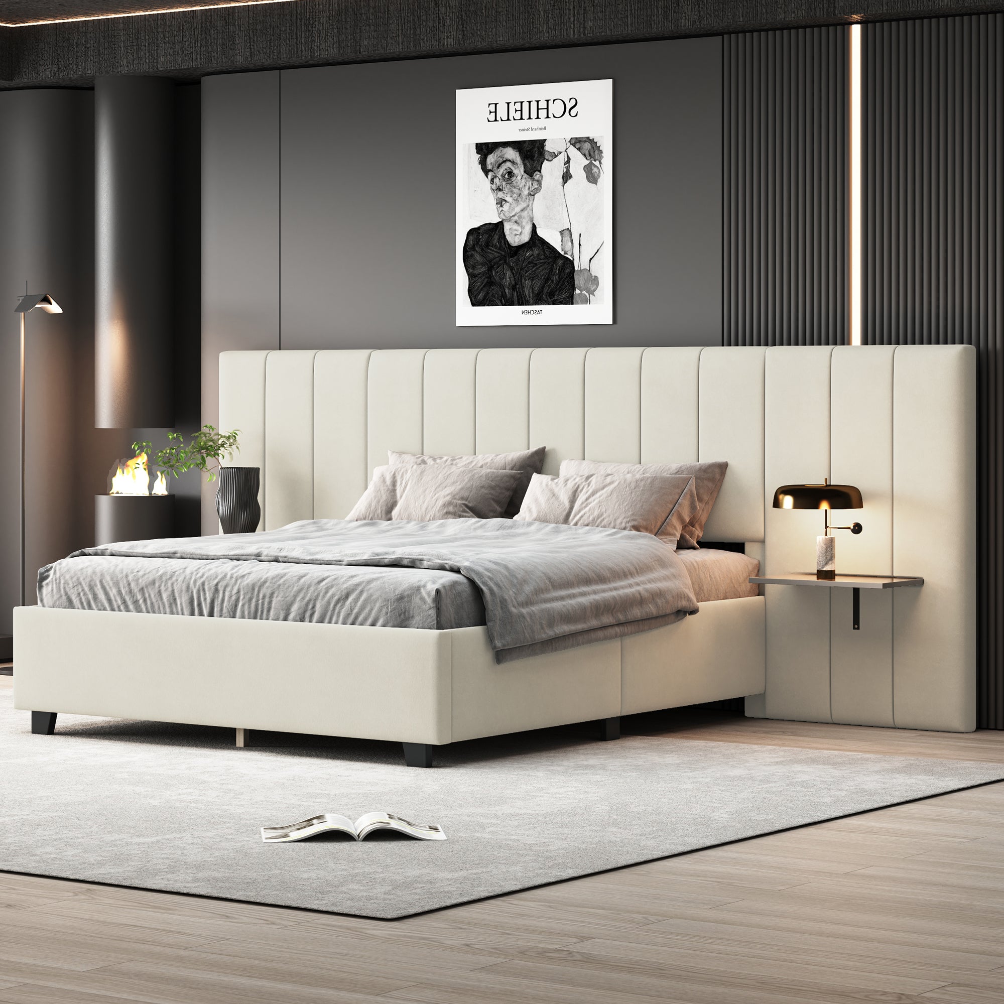 Queen Size Upholstered Platform Bed with Big Headboard, Bedroom Furniture, Velvet, Beige - Atlantic Fine Furniture Melbourne FL