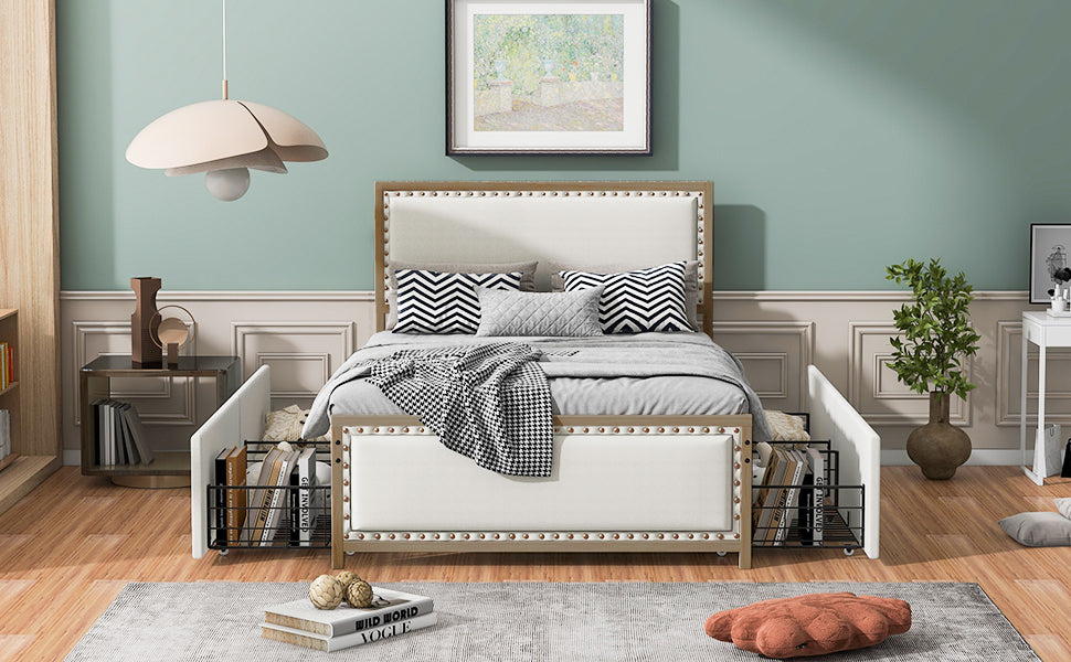 Full Size Upholstered Platform Bed with Nailhead Decoration and 4 Drawers, Brown - Atlantic Fine Furniture Melbourne FL