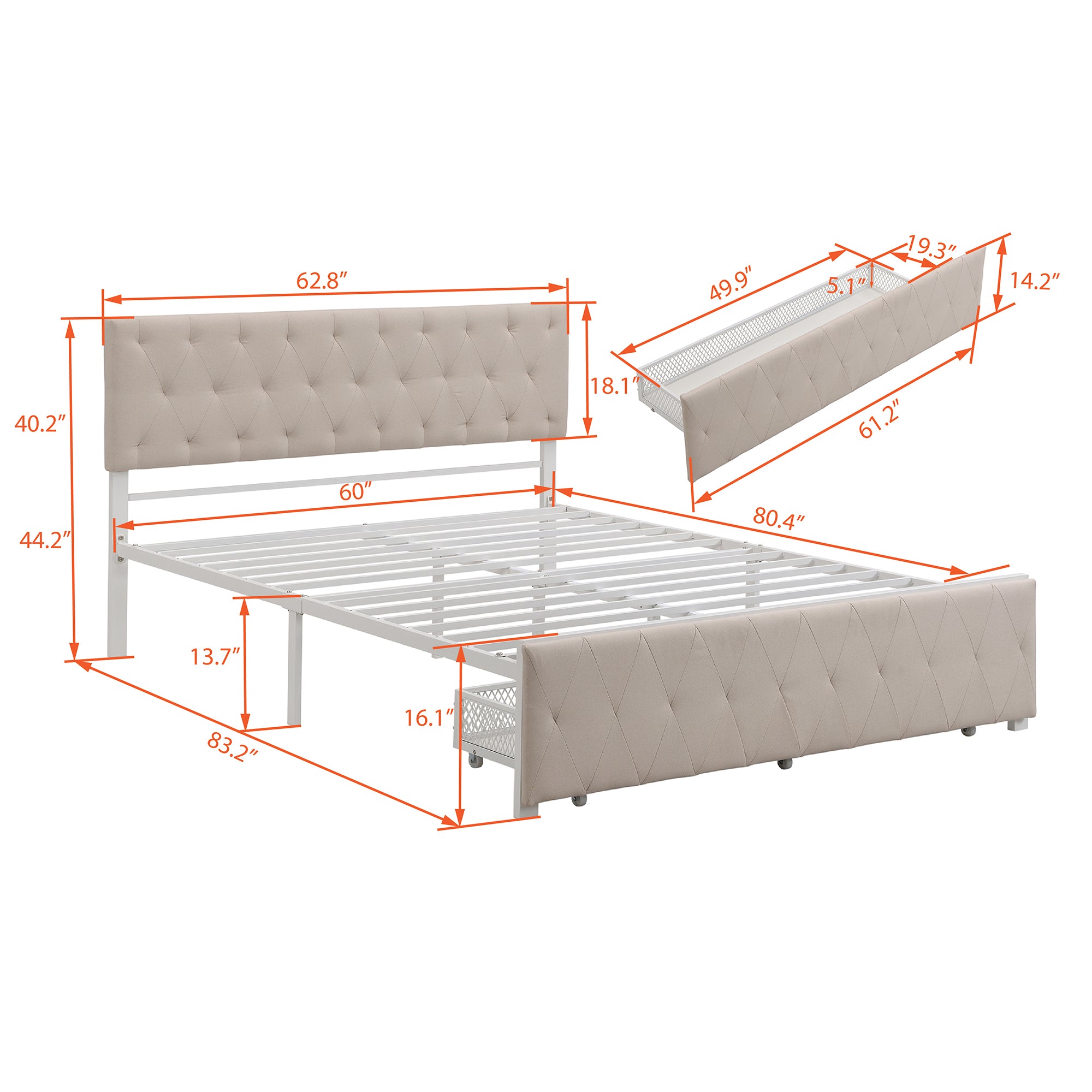 Queen Size Storage Bed Metal Platform Bed with a Big Drawer - Beige