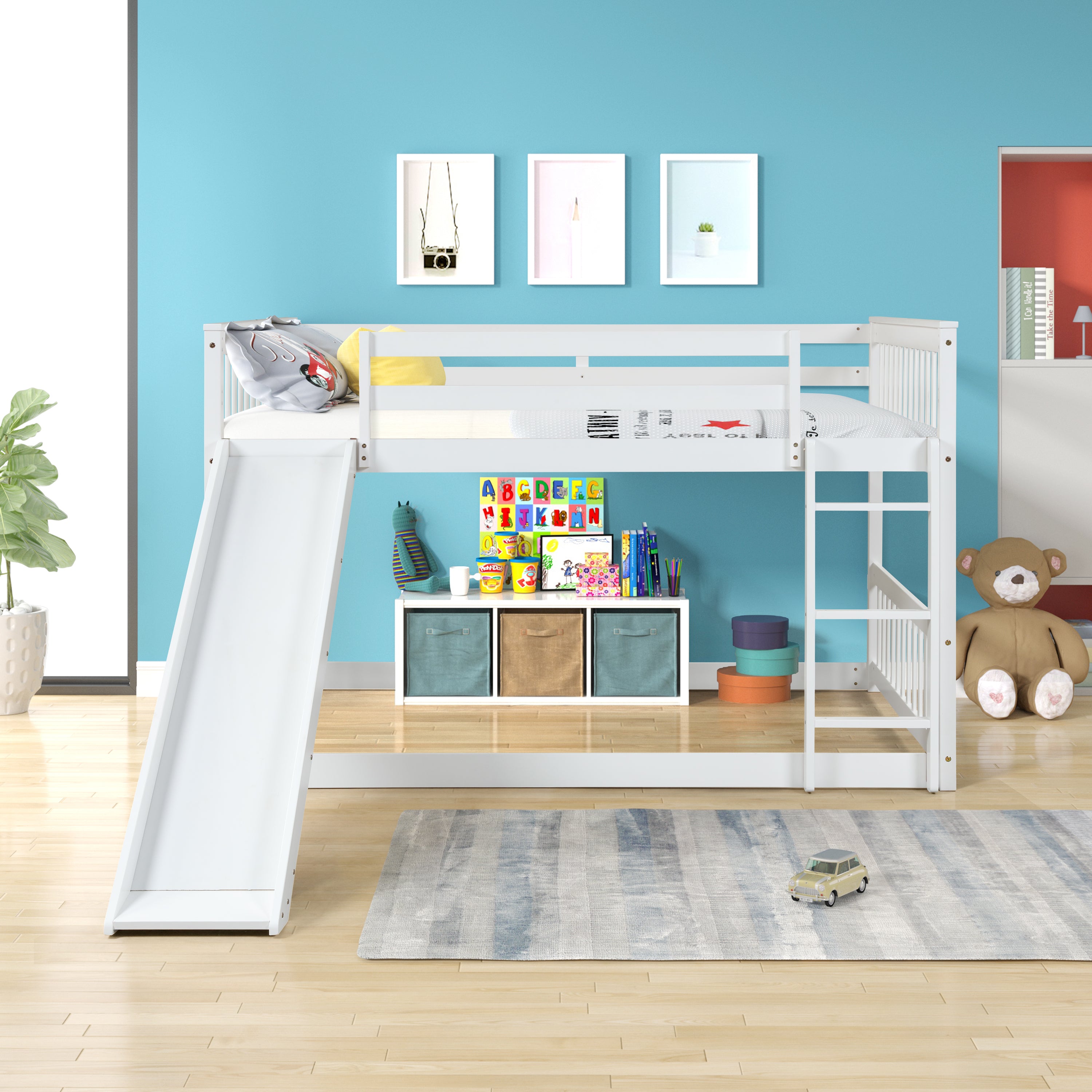 Full over Full Bunk Bed with Slide and Ladder in White Color