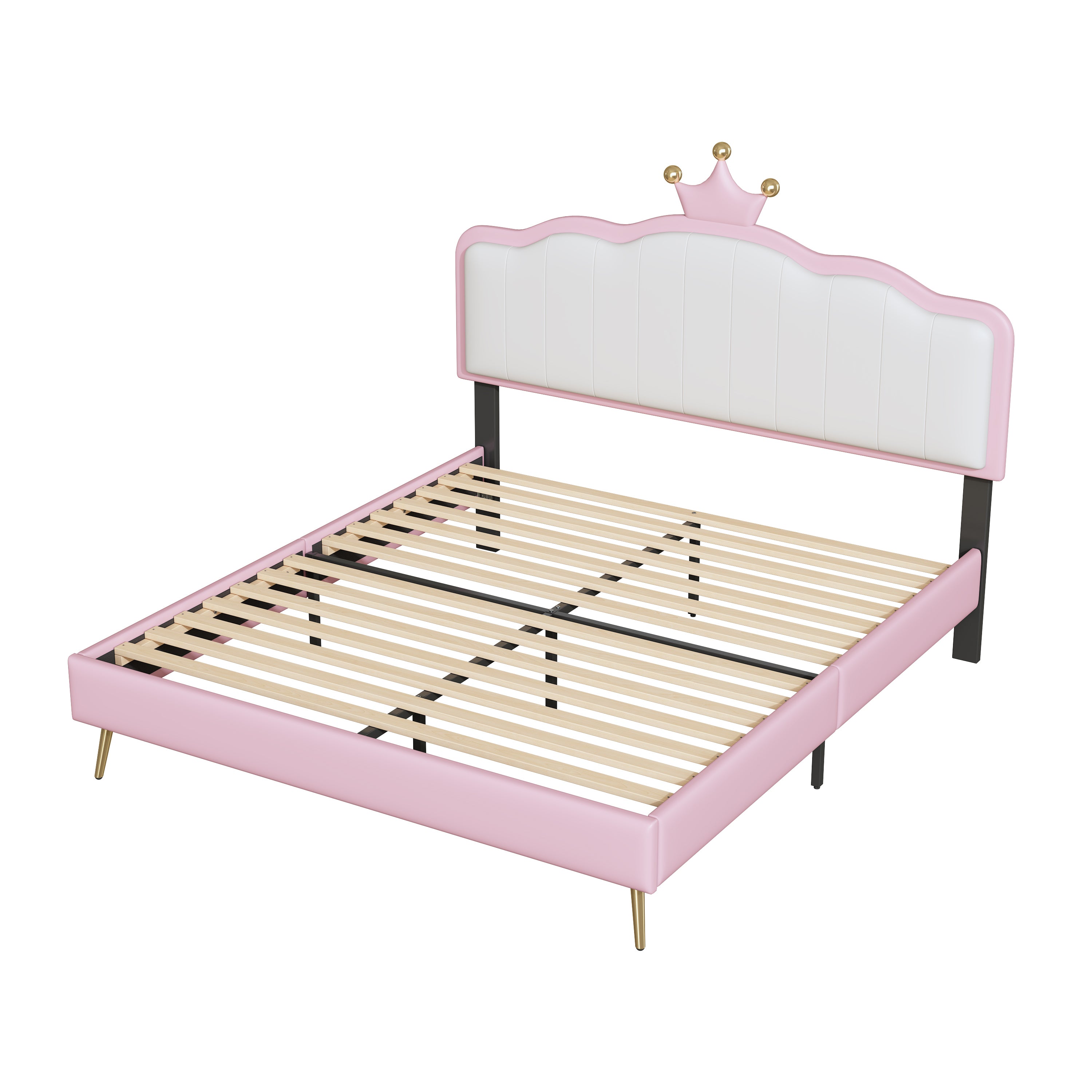 Full size Upholstered Princess Bed With Crown Headboard,Full Size Platform Bed with Headboard and Footboard with Light Strips,Golden Metal Legs, White+Pink - Atlantic Fine Furniture Melbourne FL