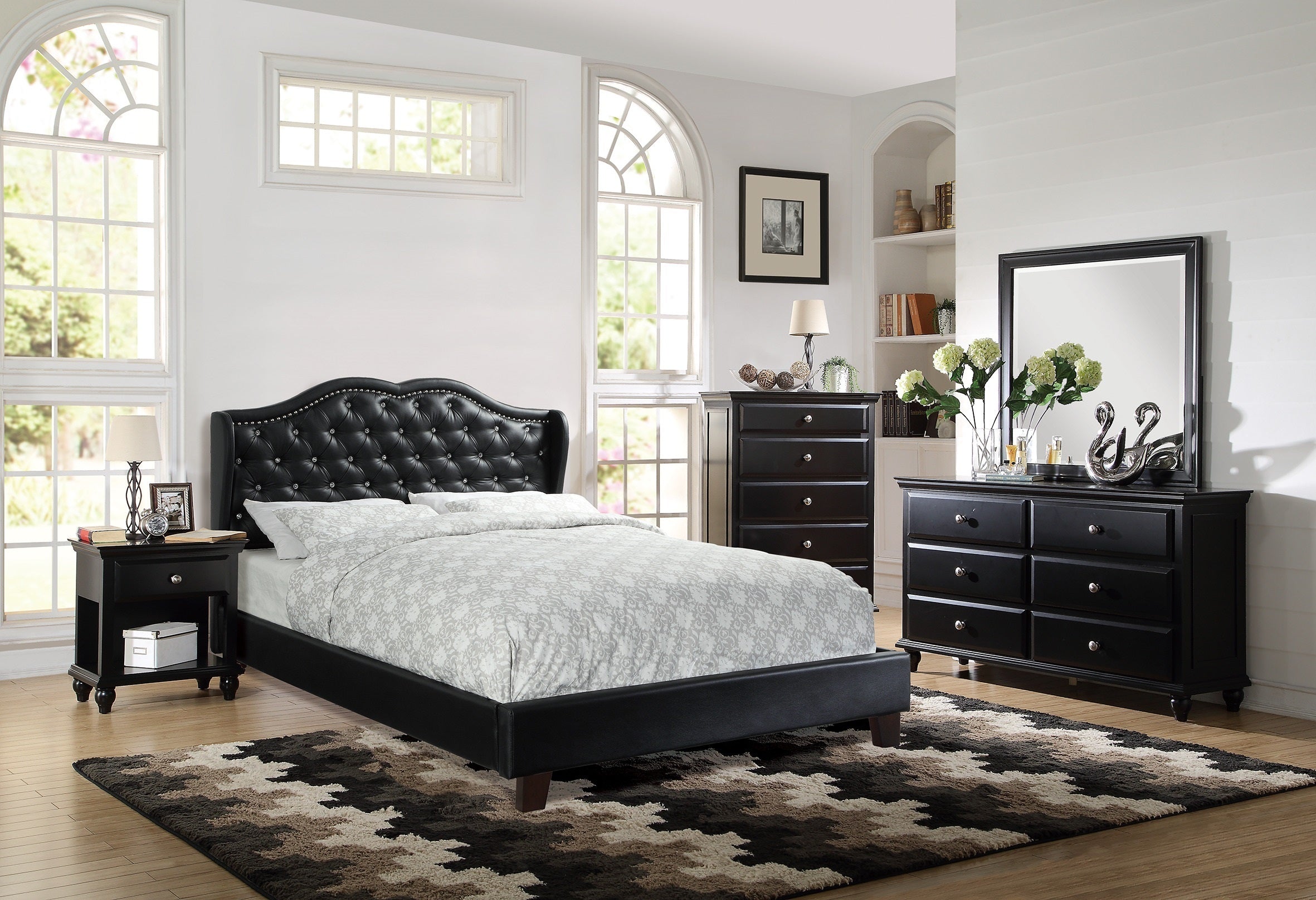 Queen Size Bed 1pc Bed Set Black Faux Leather Upholstered Wingback Design Bed Frame Headboard Bedroom Furniture Tufted Upholstered - Atlantic Fine Furniture Melbourne FL