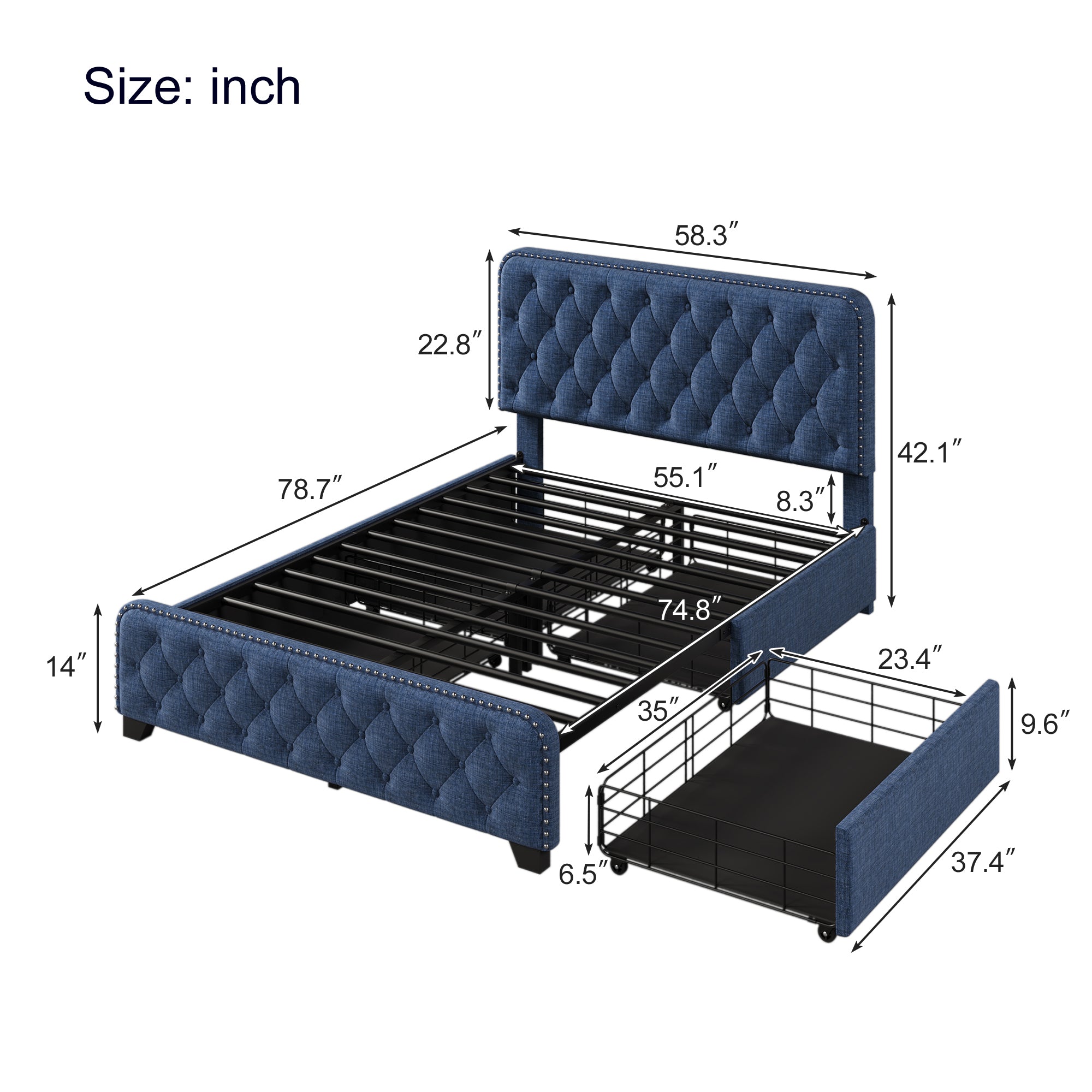 Upholstered Platform Bed Frame with Four Drawers, Button Tufted Headboard and Footboard Sturdy Metal Support, No Box Spring Required, Blue, Full (Old sku:BS300281AAC) - Atlantic Fine Furniture Melbourne FL