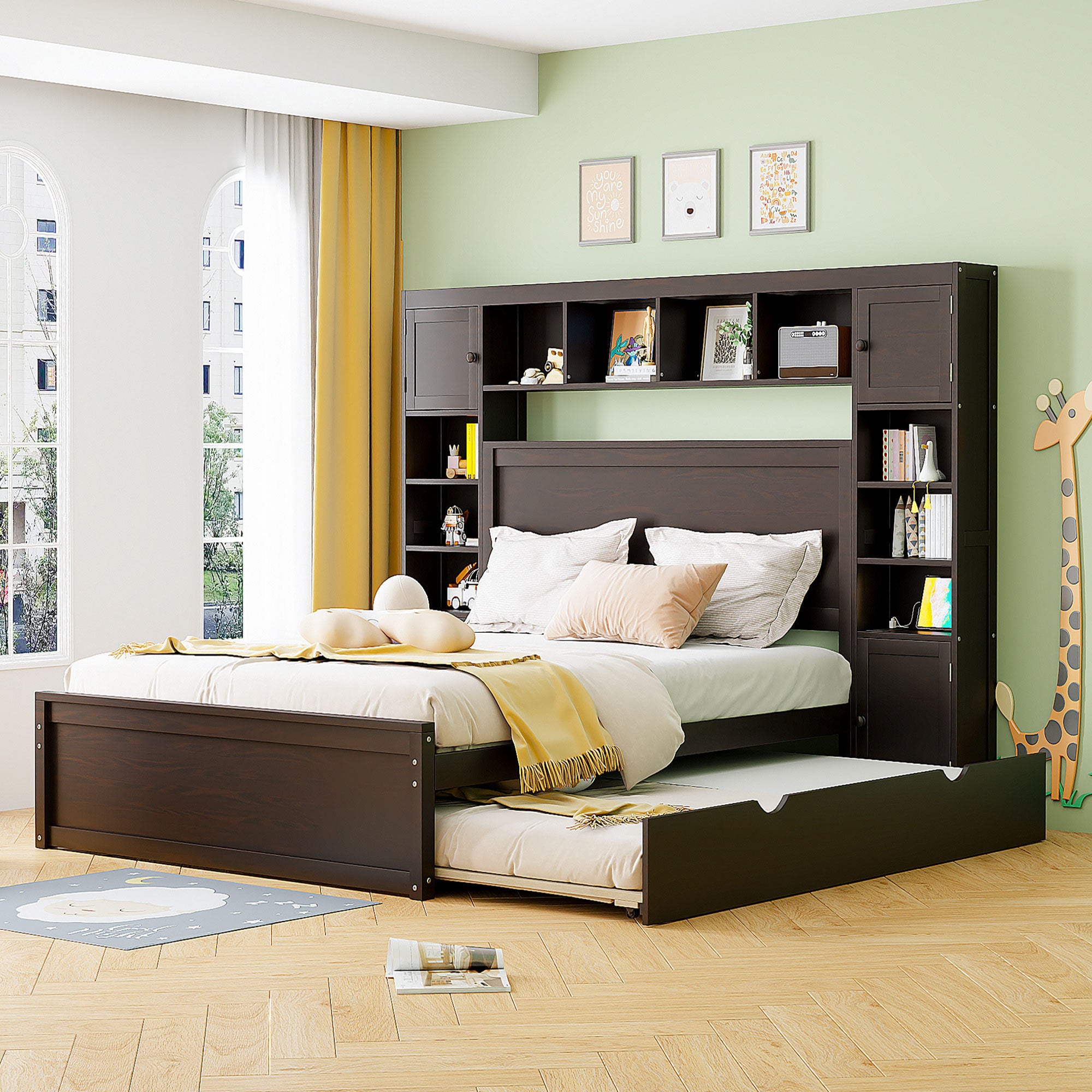 Queen Size Wooden Bed With All-in-One Cabinet, Shelf and Sockets, Espresso - Atlantic Fine Furniture Melbourne FL
