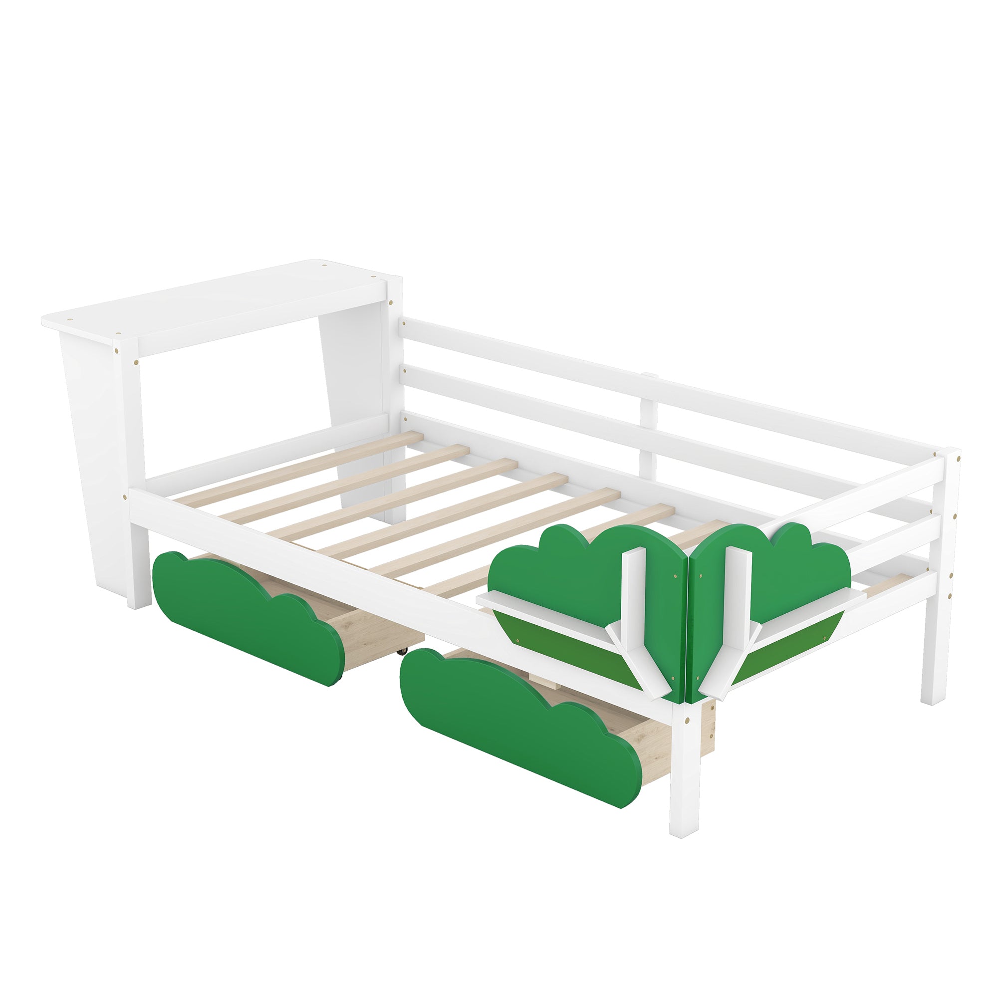 Twin Size Daybed with Desk, Green Leaf Shape Drawers and Shelves, White - Atlantic Fine Furniture Melbourne FL