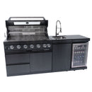 6 Burner 85, 000 Btu Outdoor Kitchen Island Grill With Wine Cooler Refrigerator, Rotisserie Kit, Granite Countertops & Sink - Black