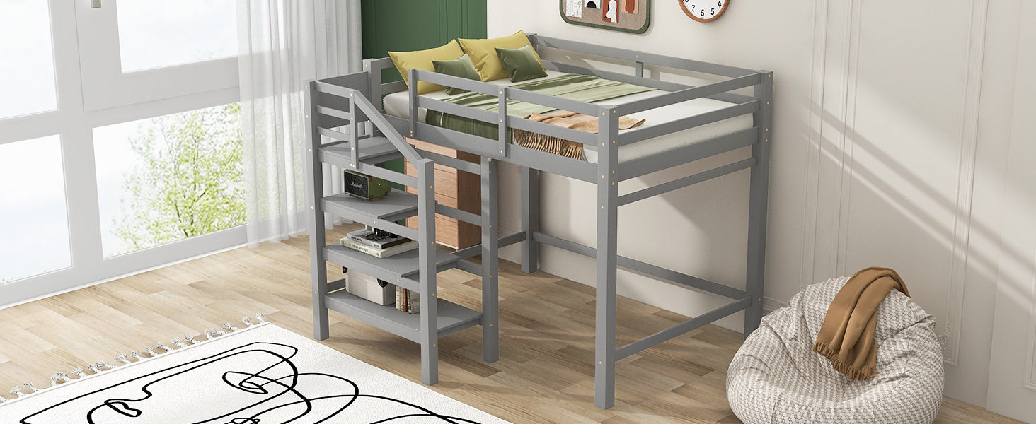 Full Size Loft Bed with Built-in Storage Staircase and Hanger for Clothes, Gray
