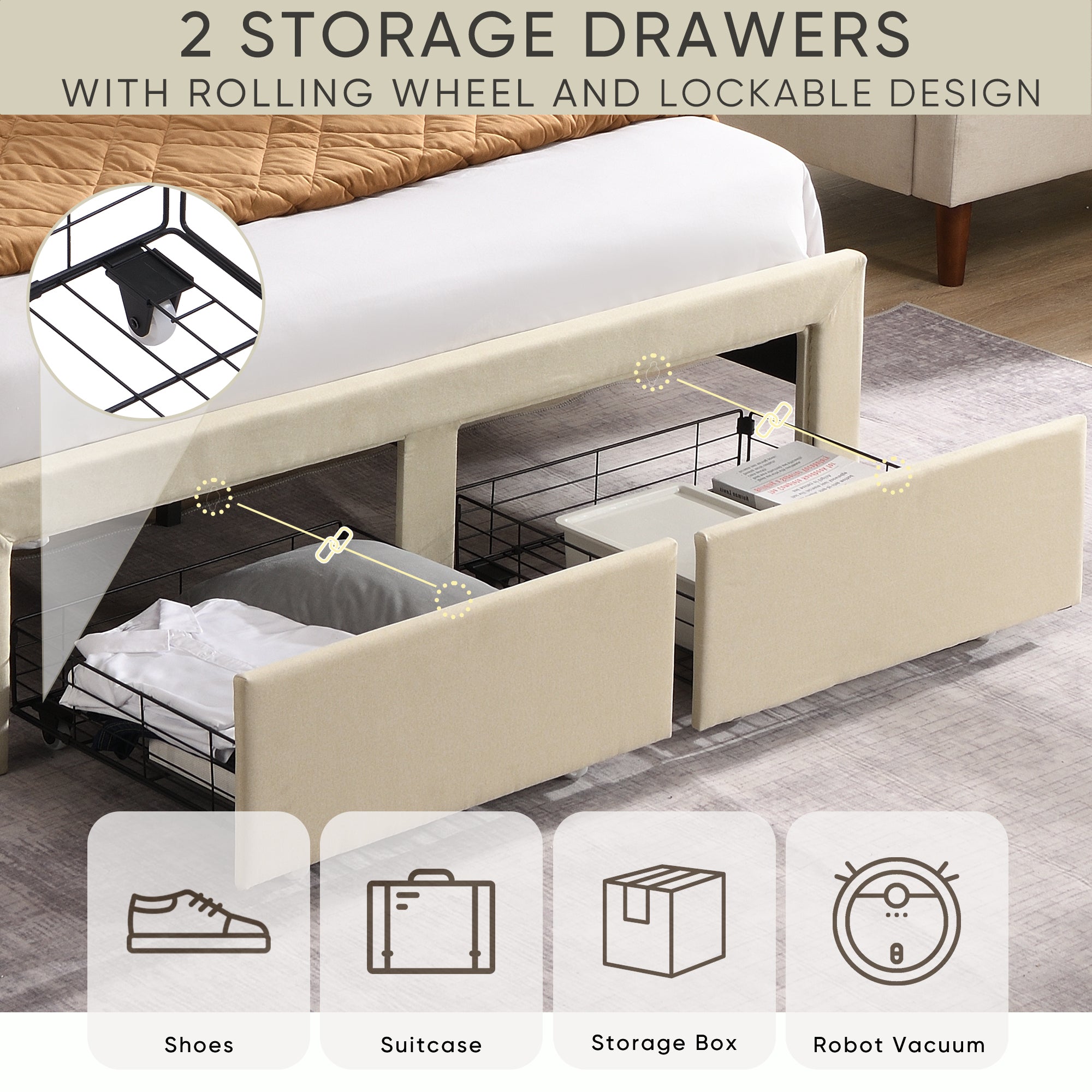 Queen Size Bed Frame with 2 Storage Drawers, Upholstered Bed Frame with Wingback Headboard Storage Shelf Built-in USB Charging Stations and Strong Wood Slats Support, No Box Spring Needed, Beige