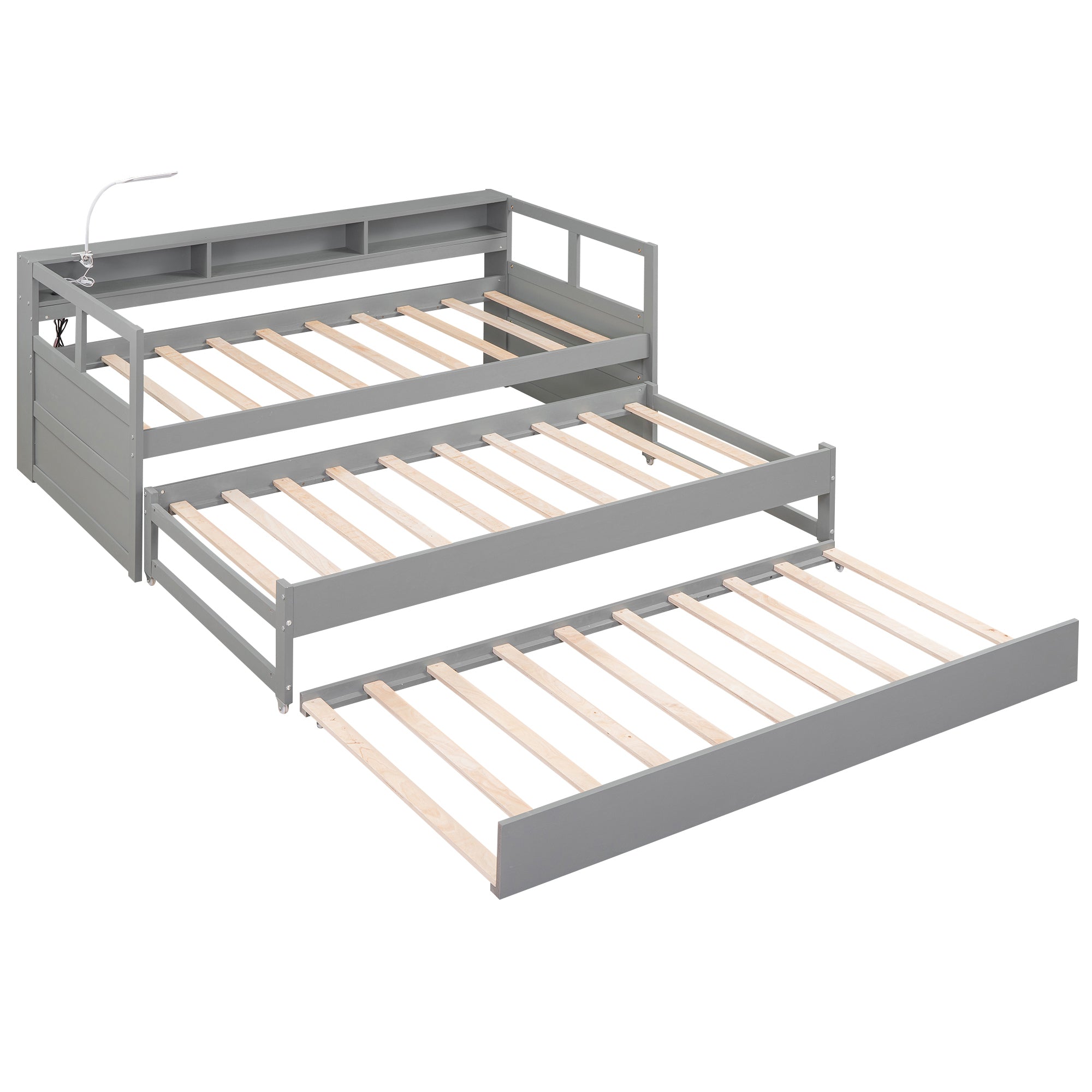 Twin XL Wood Daybed with 2 Trundles, 3 Storage Cubbies, 1 Light for Free and USB Charging Design, Gray - Atlantic Fine Furniture Melbourne FL