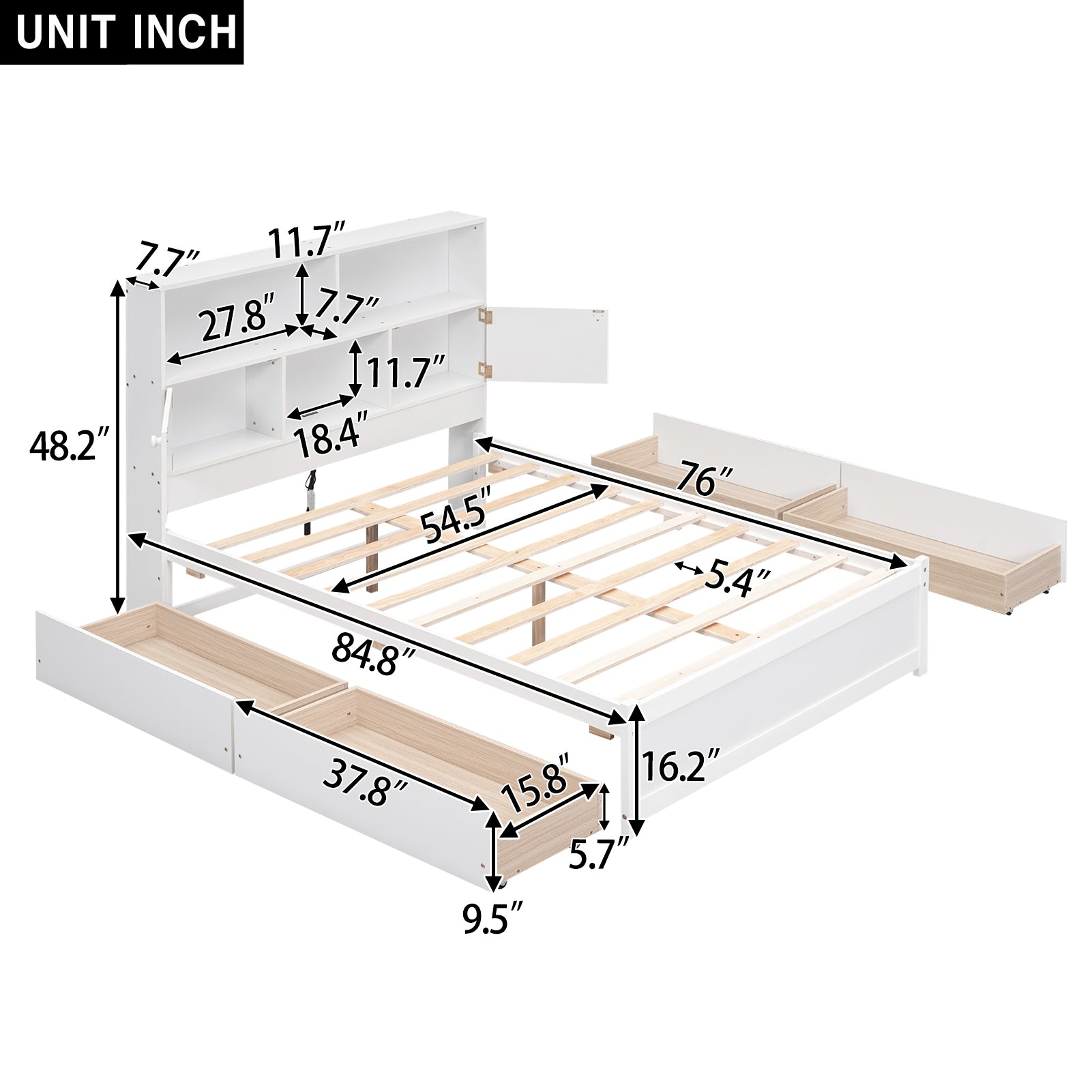 Full Size Platform Bed with Storage Headboard, Charging Station and 4 Drawers, White - Atlantic Fine Furniture Melbourne FL