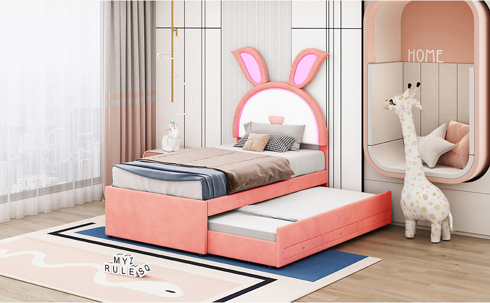 Twin Size Upholstered Platform Bed with Trundle and 3 Drawers, Rabbit-Shaped Headboard with Embedded LED Lights, Pink - Atlantic Fine Furniture Melbourne FL