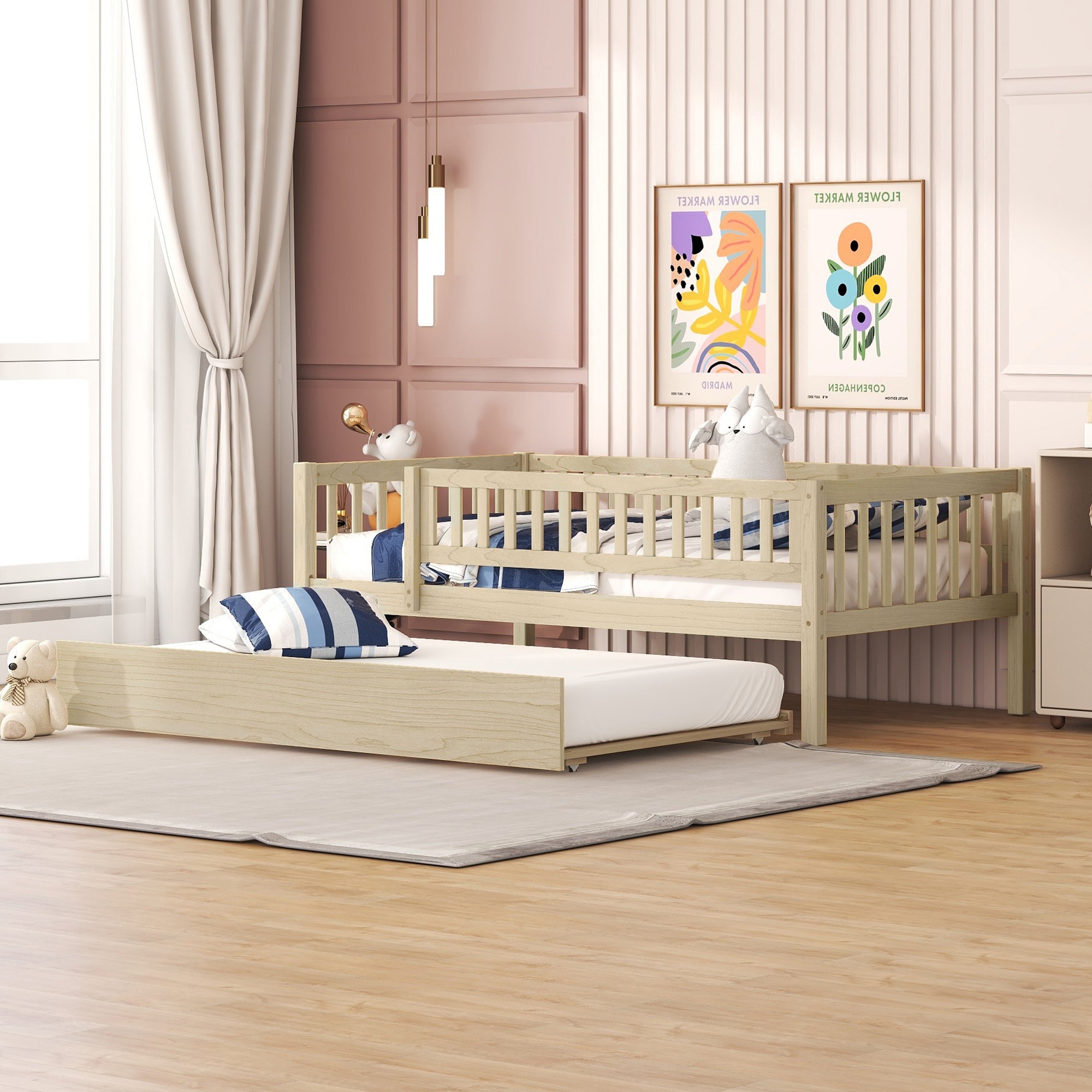 Twin Size Wood Daybed with Trundle and Fence Guardrails, Natural - Atlantic Fine Furniture Melbourne FL