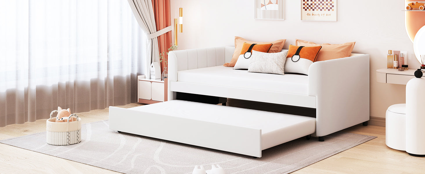 Twin Size Upholstered Daybed with Ergonomic Design Backrest and Trundle, Beige - Atlantic Fine Furniture Melbourne FL