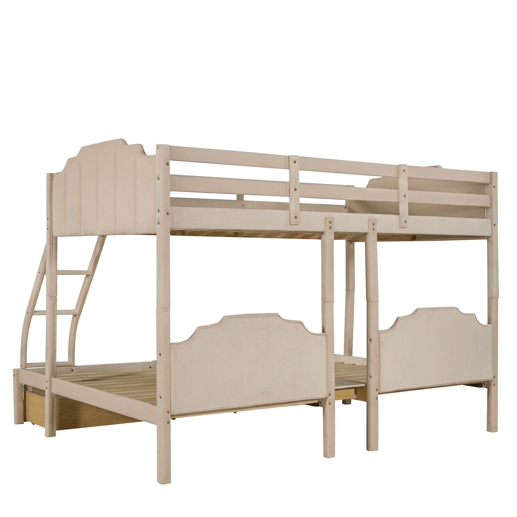 Full Over Twin & Twin Bunk Bed, Velvet Triple Bunk Bed with Drawers and Guardrails, Beige - Atlantic Fine Furniture Melbourne FL
