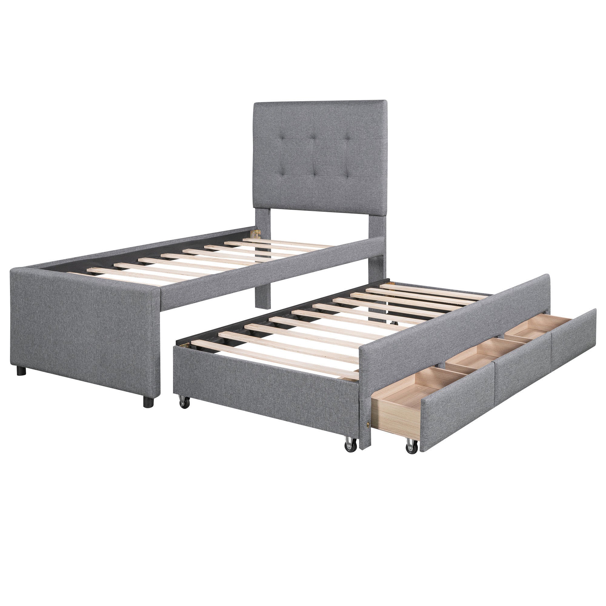 Twin Size Upholstered Platform Bed with Pull-out Twin Size Trundle and 3 Drawers, Gray