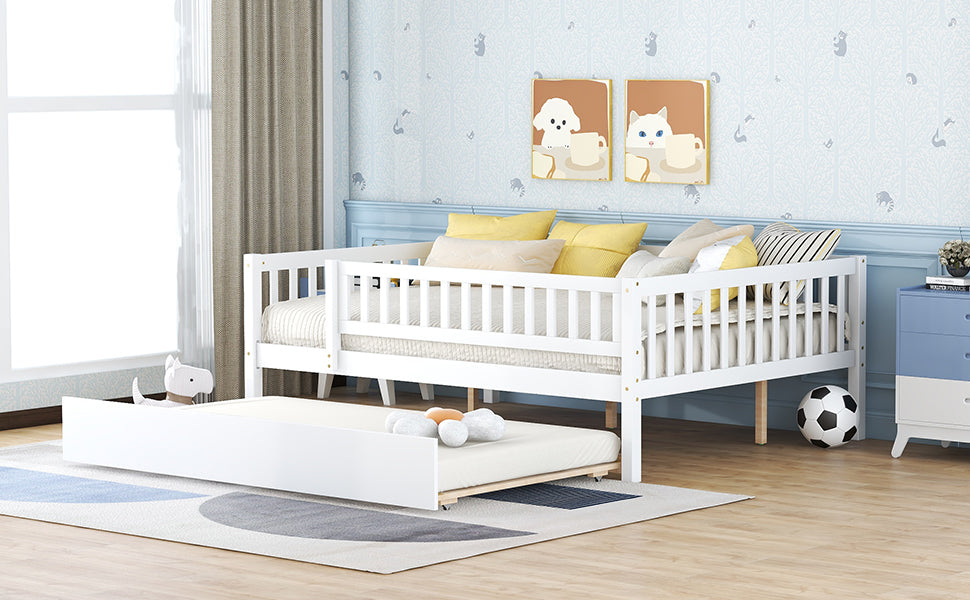 Full Size Wood Daybed with Trundle and Fence Guardrails, White - Atlantic Fine Furniture Melbourne FL