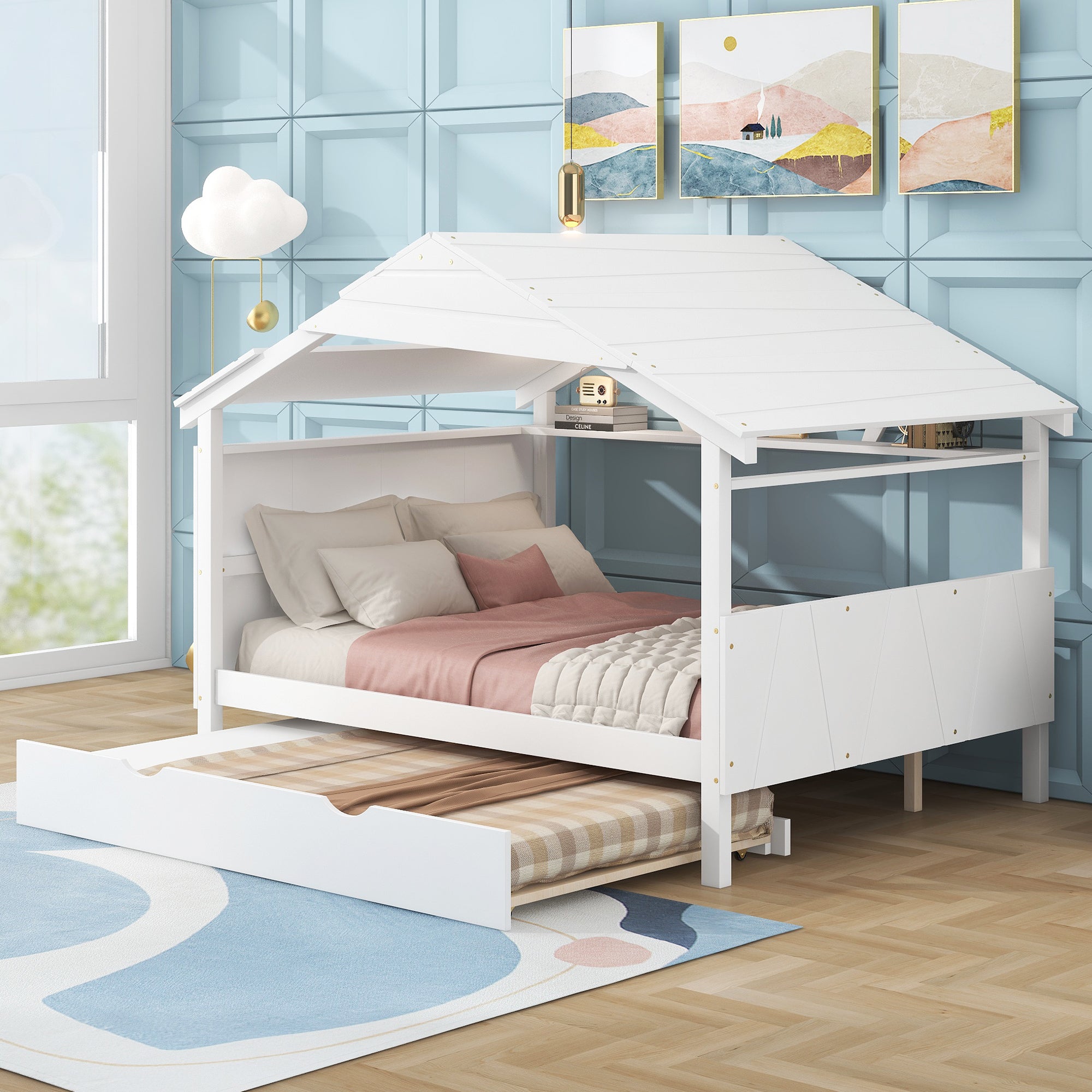 Wood Full Size House Bed with Twin Size Trundle and Storage, White - Atlantic Fine Furniture Melbourne FL