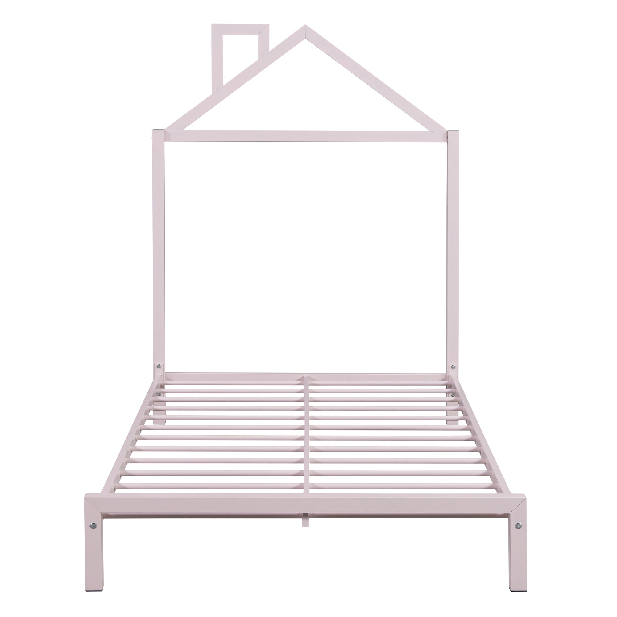 Twin Size Metal Platform Bed with House-Shaped Headboard Design, Pink - Atlantic Fine Furniture Melbourne FL