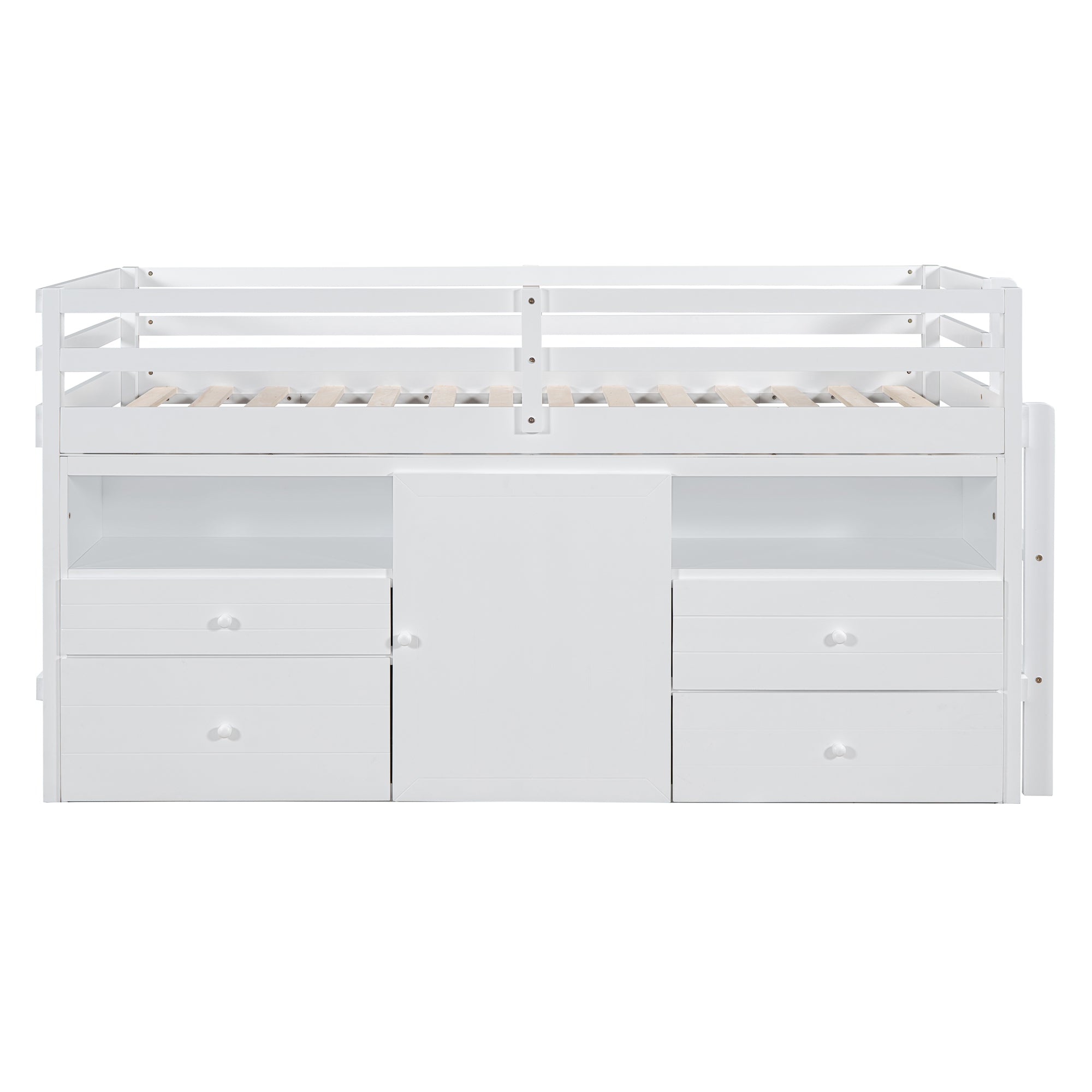 Twin Size Loft Bed with 4 Drawers, Underneath Cabinet and Shelves, White - Atlantic Fine Furniture Melbourne FL