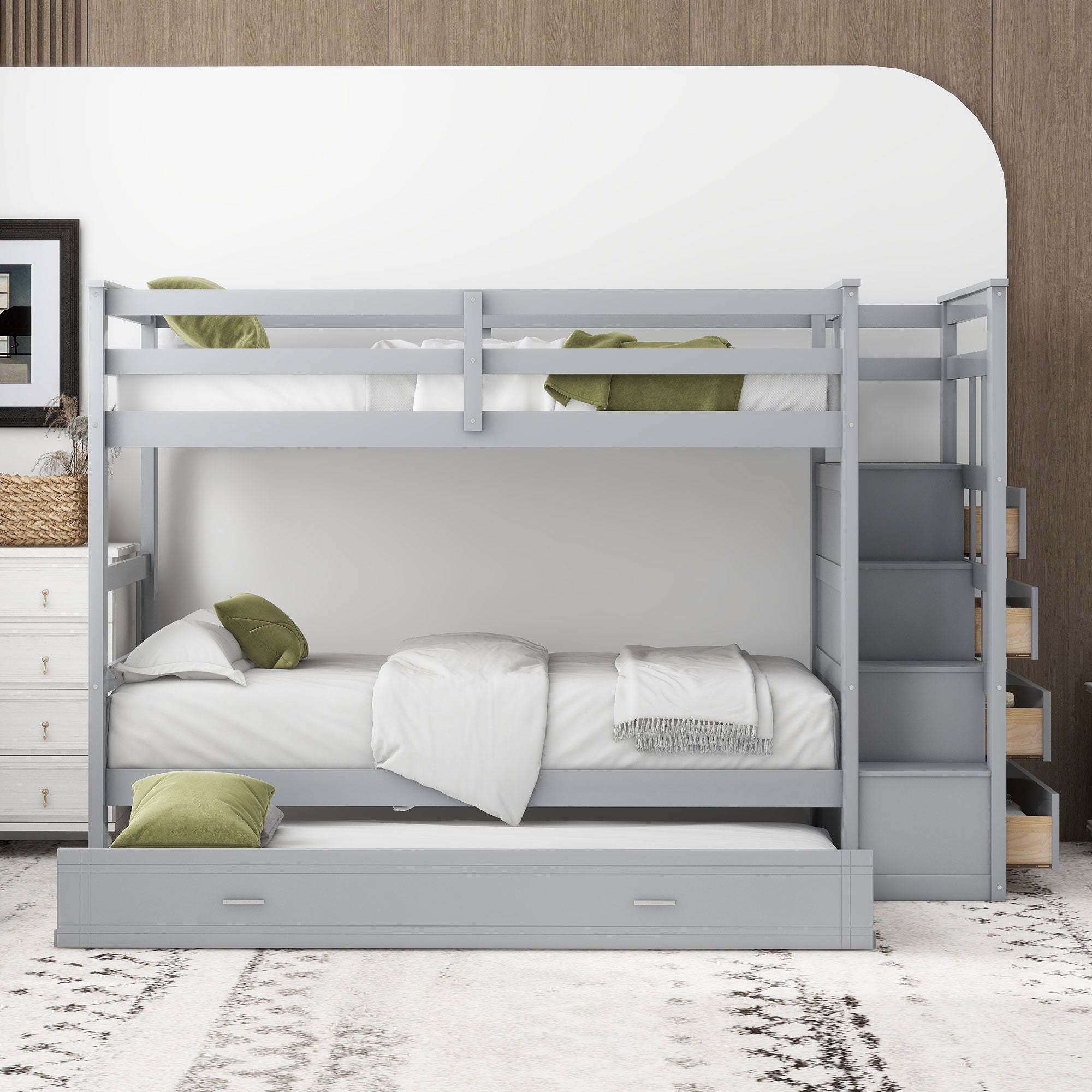 Twin Over Twin Bunk Bed with Trundle and Staircase,Gray(OLD SKU:LT000068AAE) - Atlantic Fine Furniture Melbourne FL
