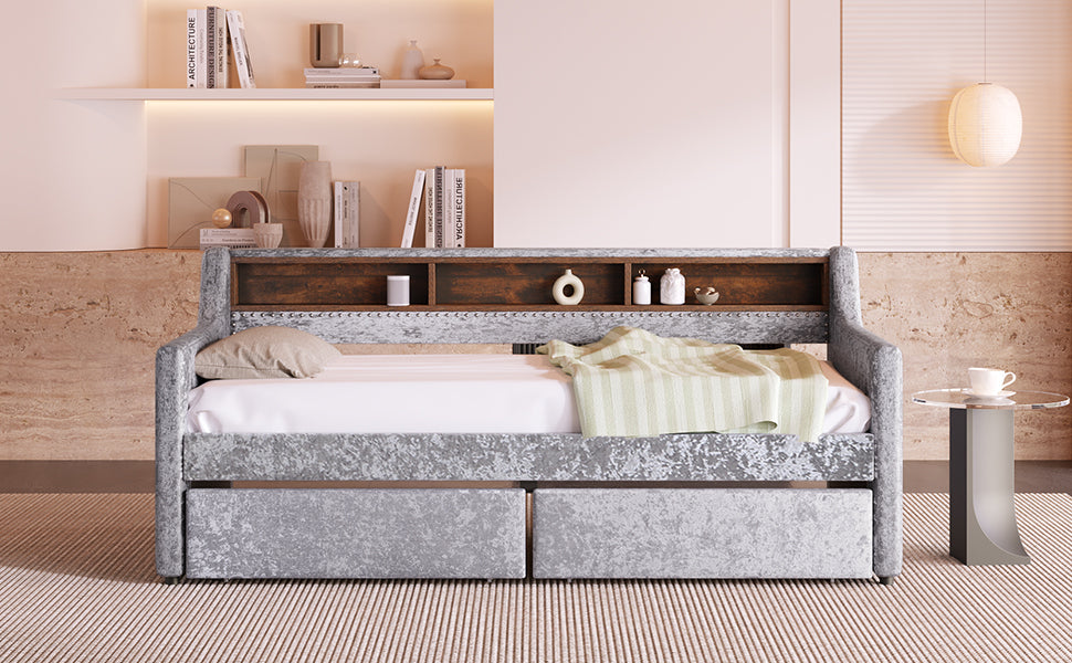 Twin Size Snowflake Velvet Daybed with Two Storage Drawers and Built-in Storage Shelves,Gray - Atlantic Fine Furniture Melbourne FL