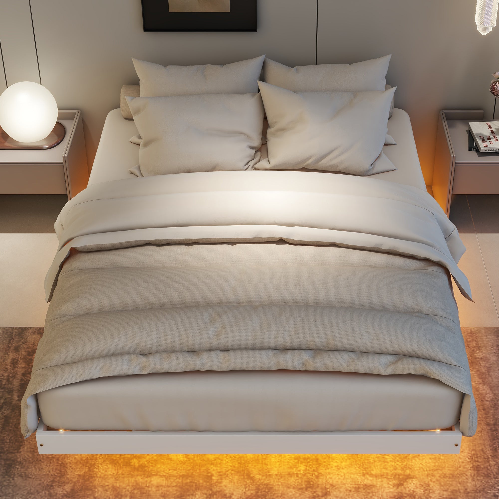 Full Size Floating Bed with LED Lights Underneath,Modern Full Size Low Profile Platform Bed with LED Lights,White